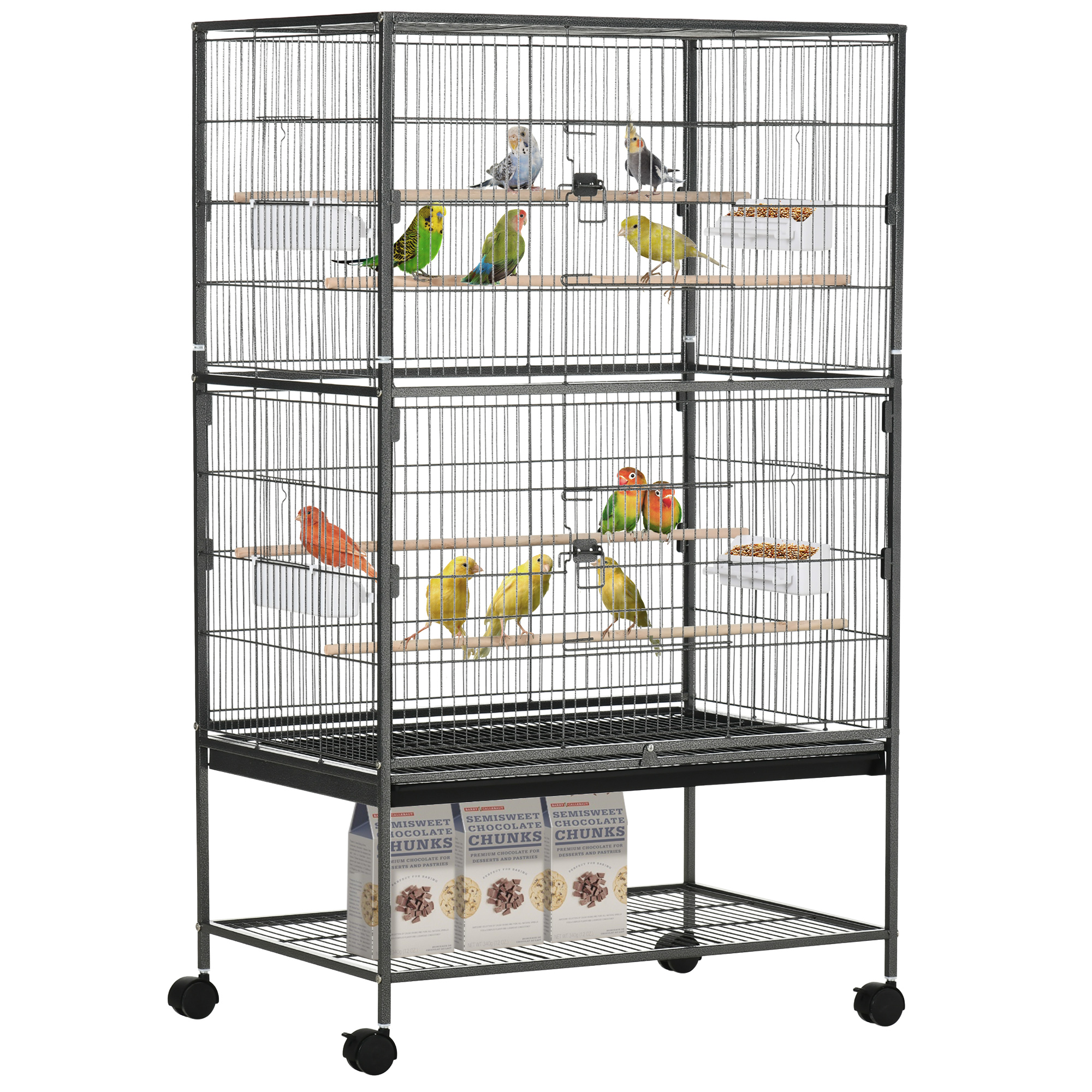 Image of Pawhut Bird Cage With Wheels Metal Bird Aviary With Removable Tray 4 Feeders 4 Perches And Storage Shelf Cage For Parakeets 78x52x132 Cm Dark Grey