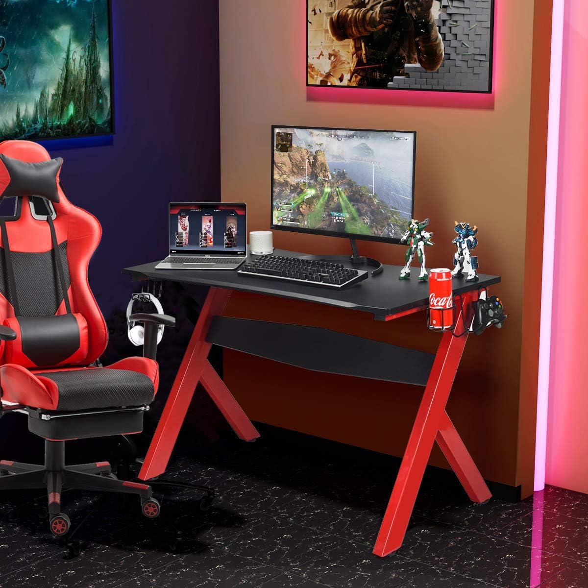 Gaming Table Computer Table, Gaming Desk With Cup And Headphone Holder And Mouse Pad, Laptop Table With R-shaped , Pc Table For Home Office Game Room