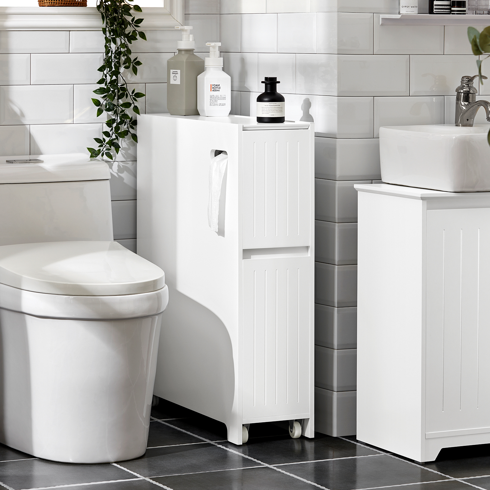 TEMU Narrow Shelf For Niches For Bathroom, Mobile Multifunctional Storage Cabinet, Auxiliary Furniture With 2 Drawers And 4 Wheels 60 X 20 X 75 White
