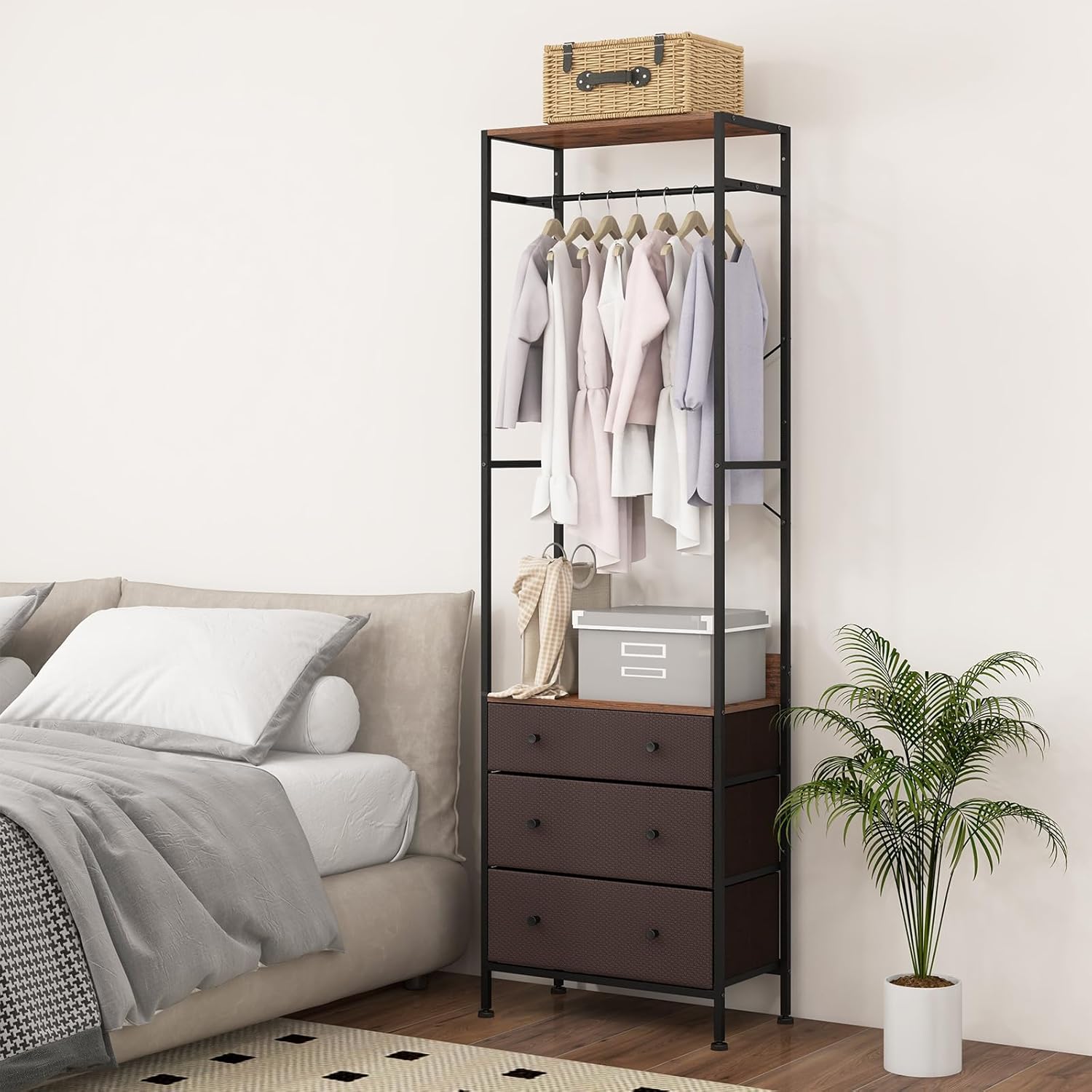 Image of Clothes Rack With Drawers, Organizer With 3-position Hanging Rod & Shelves, Standing Chest Of Drawers With Tip-over Protection