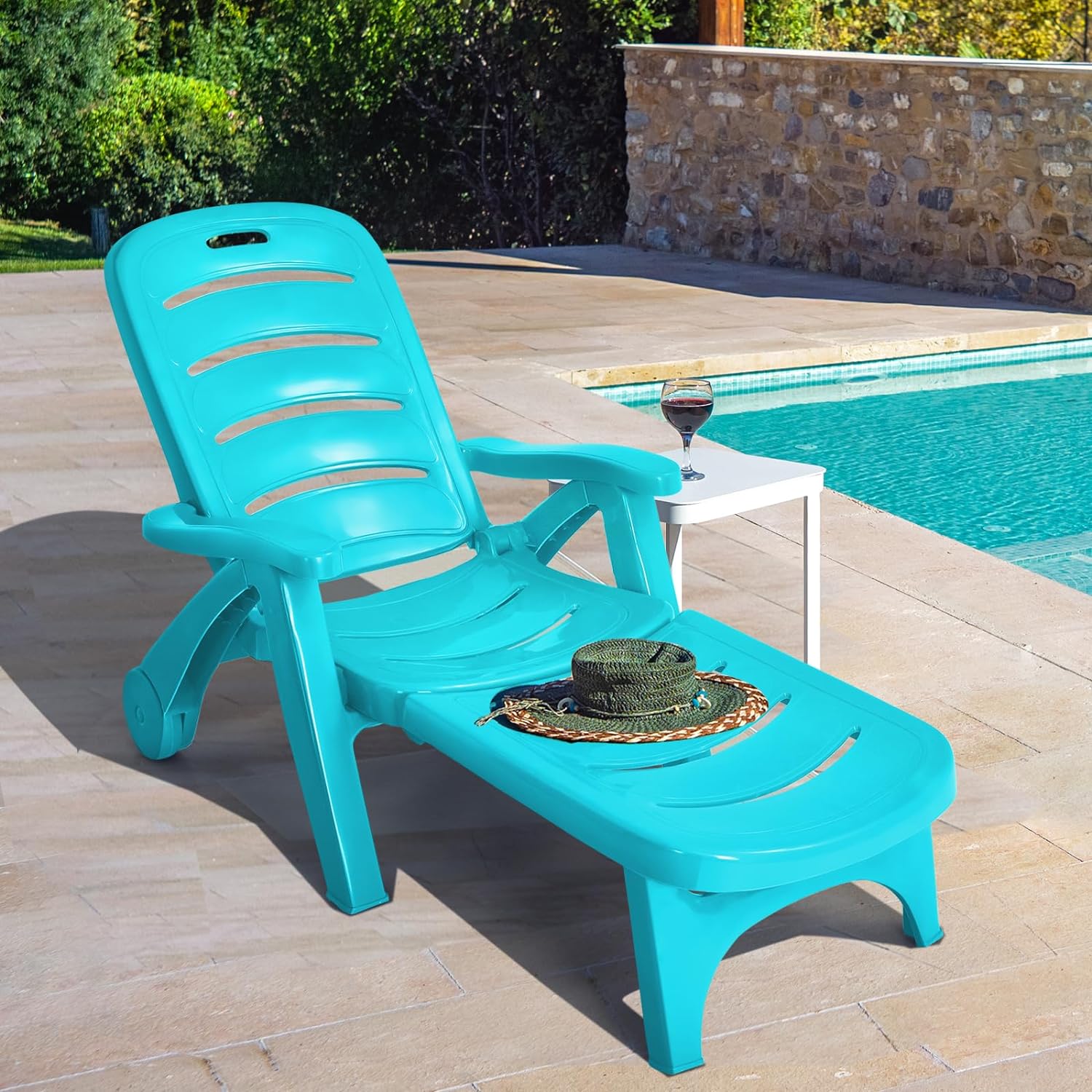 Image of Costway Foldable Recliner Garden Lounger With Wheels, 5-position Adjustable Backrest, Weather-resistant Chaise Lounge For Patio, Garden And Beach, Green