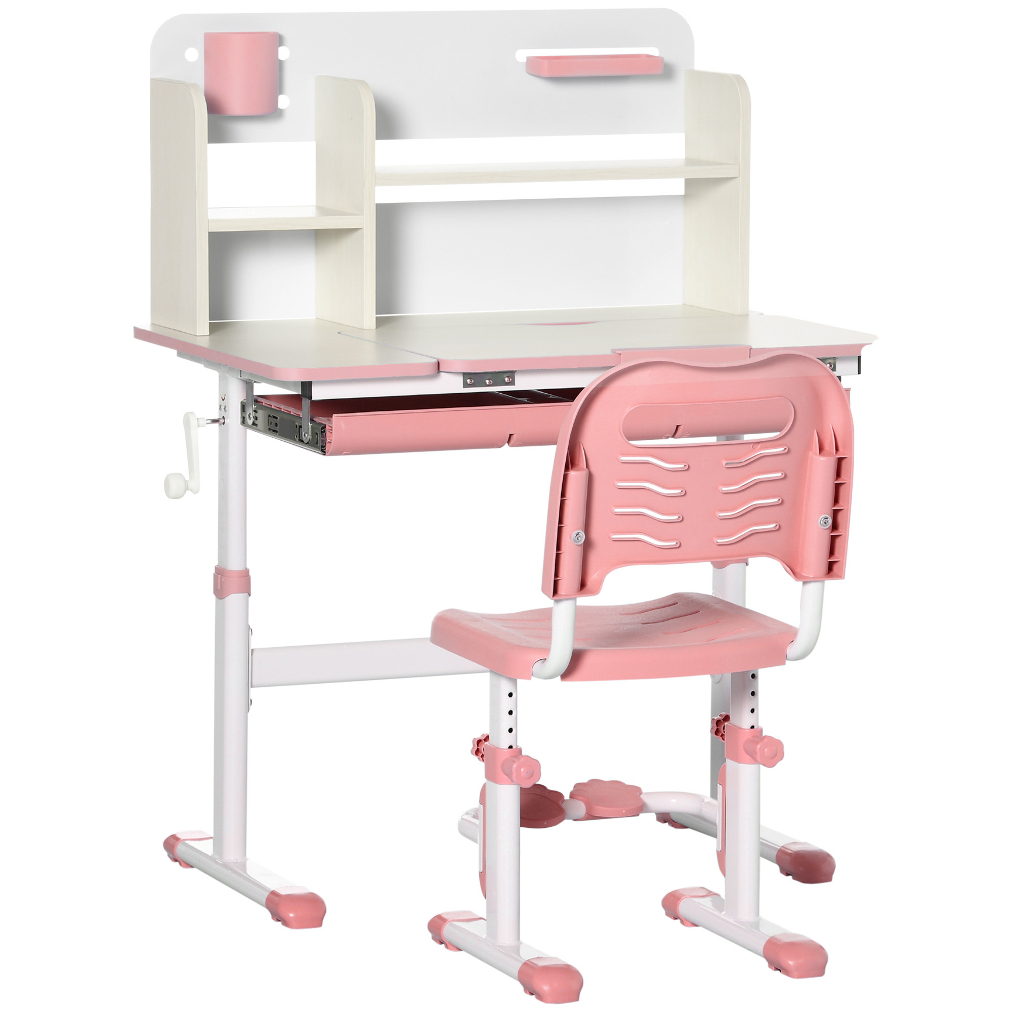 Homcom Desk And Chair Set For Children From 3+ Years With Adjustable Height, Children's Desk With Tabletop, Drawer And Bookcase 80x52x88-109 Cm And 35.5x44.5x66-80 Cm Pink