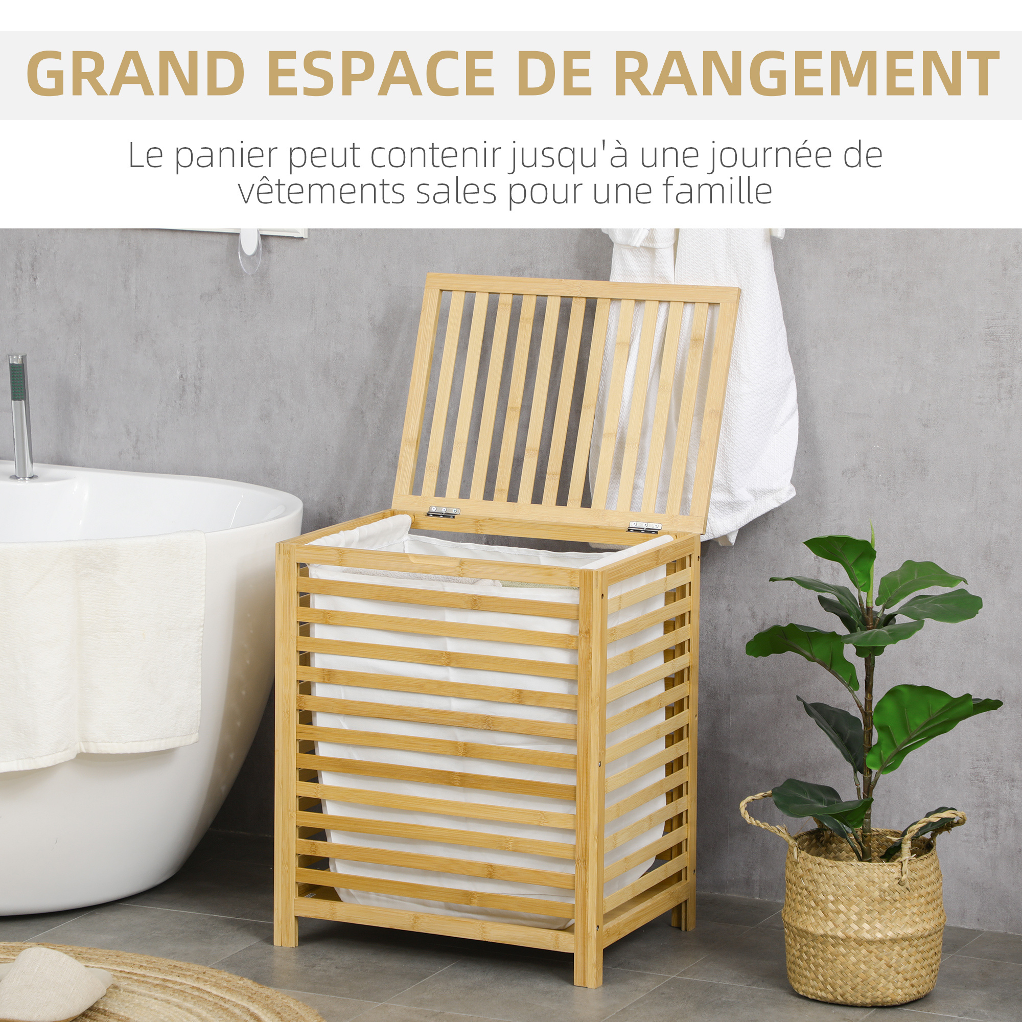 

HOMCOM Panier à linge sale en bambou avec sac en tissu amovible et couvercle - dim. 50L x 36l x 60H bois naturel