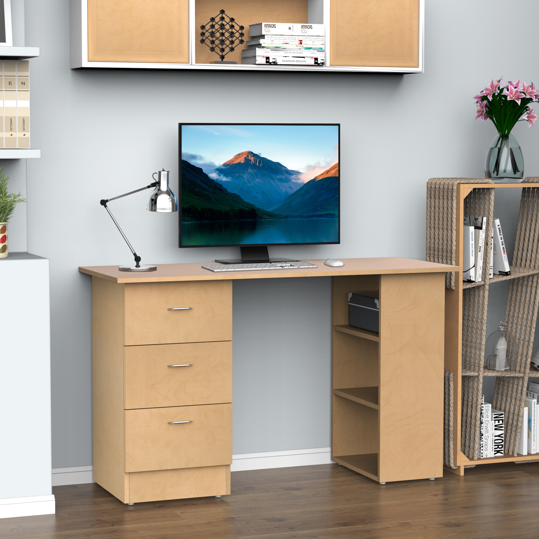 Homcom Computer Desk Drawers 2 Shelves Dim. 120l X 49w X 72h Cm Mdf Light Wood Look