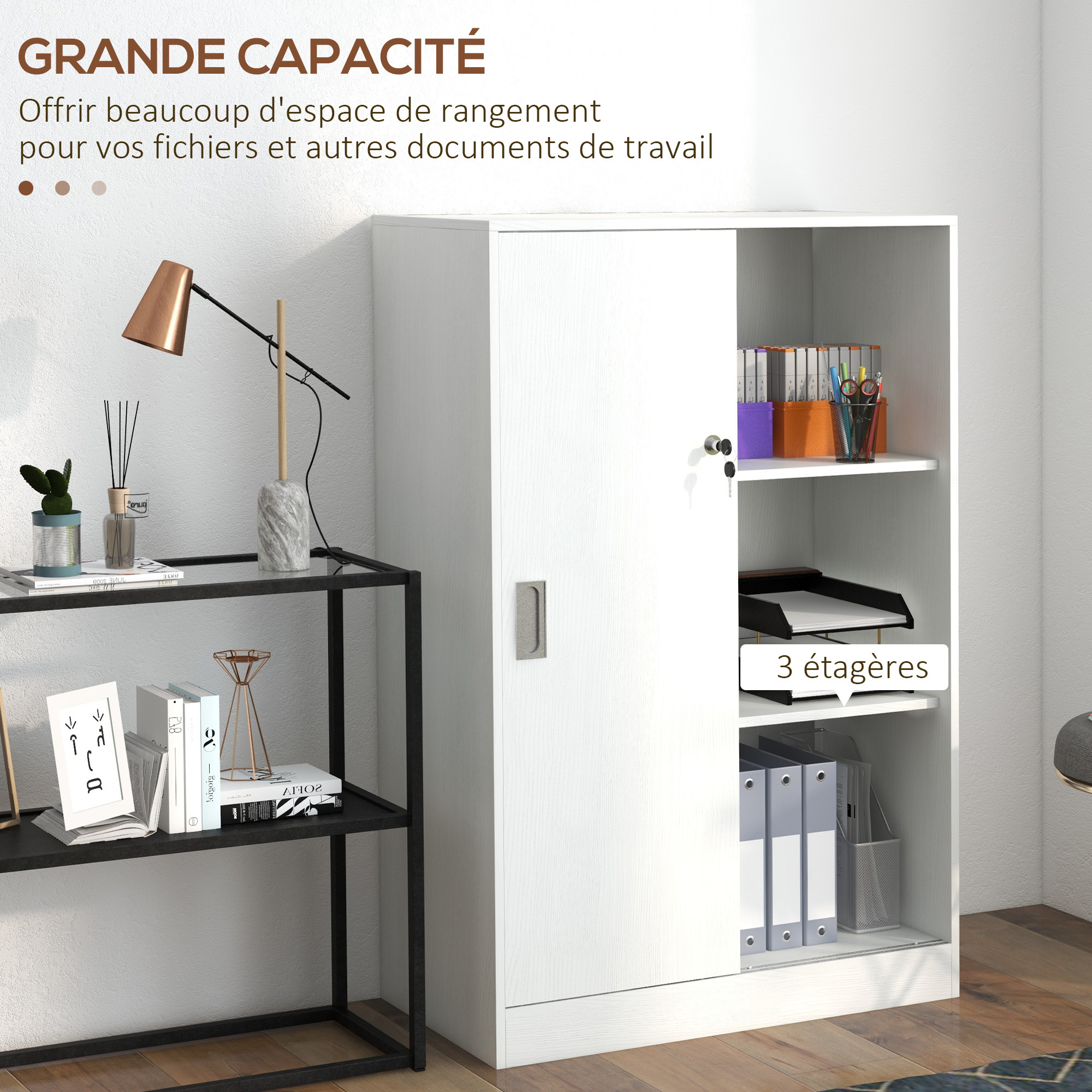 TEMU HOMCOM Armoire de Bureau 2 Portes coulissantes verrouillables dim. 80L x 40l x 120H étagères en Bois Blanc