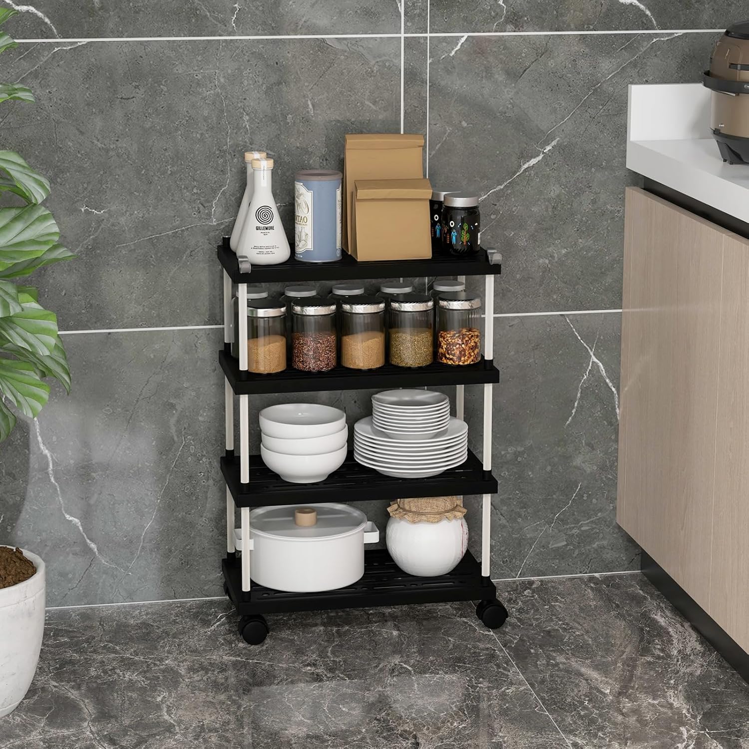 Image of Rolling Trolley With , Niche Shelf With Wheels And Side Hooks, All-purpose Trolley, Kitchen Trolley, Serving Trolley, Storage Trolley For Kitchen, Bathroom, 40 X 21 X 59.5 Cm