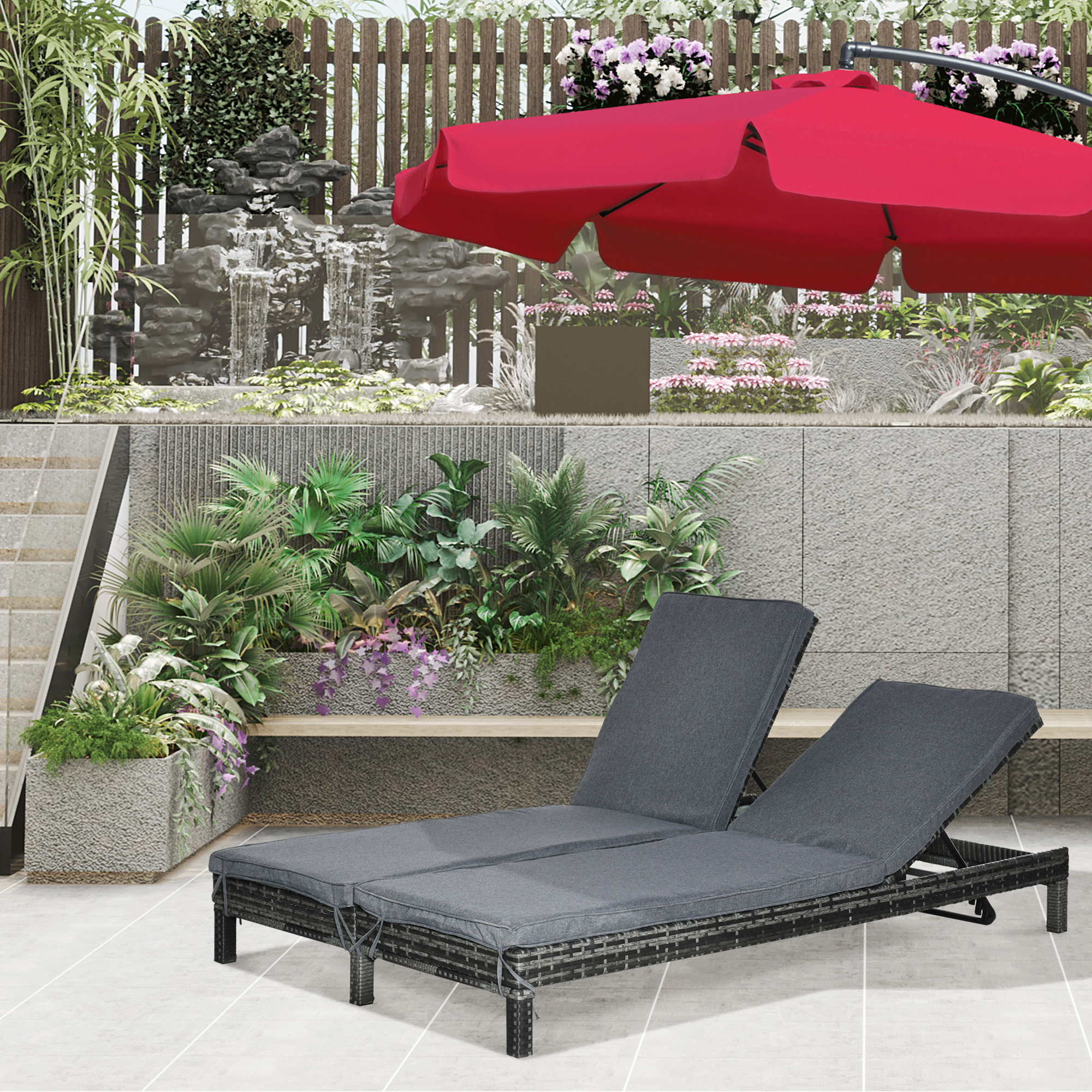 Image of Polyrattan Lounger Garden Lounger For 2 People Relax Lounger 5-step Backrest Metal Pe Rattan Gray 196 X 120 X 28 Cm, Adjustable Backrest, Weather-resistant, , Comfortable Padding