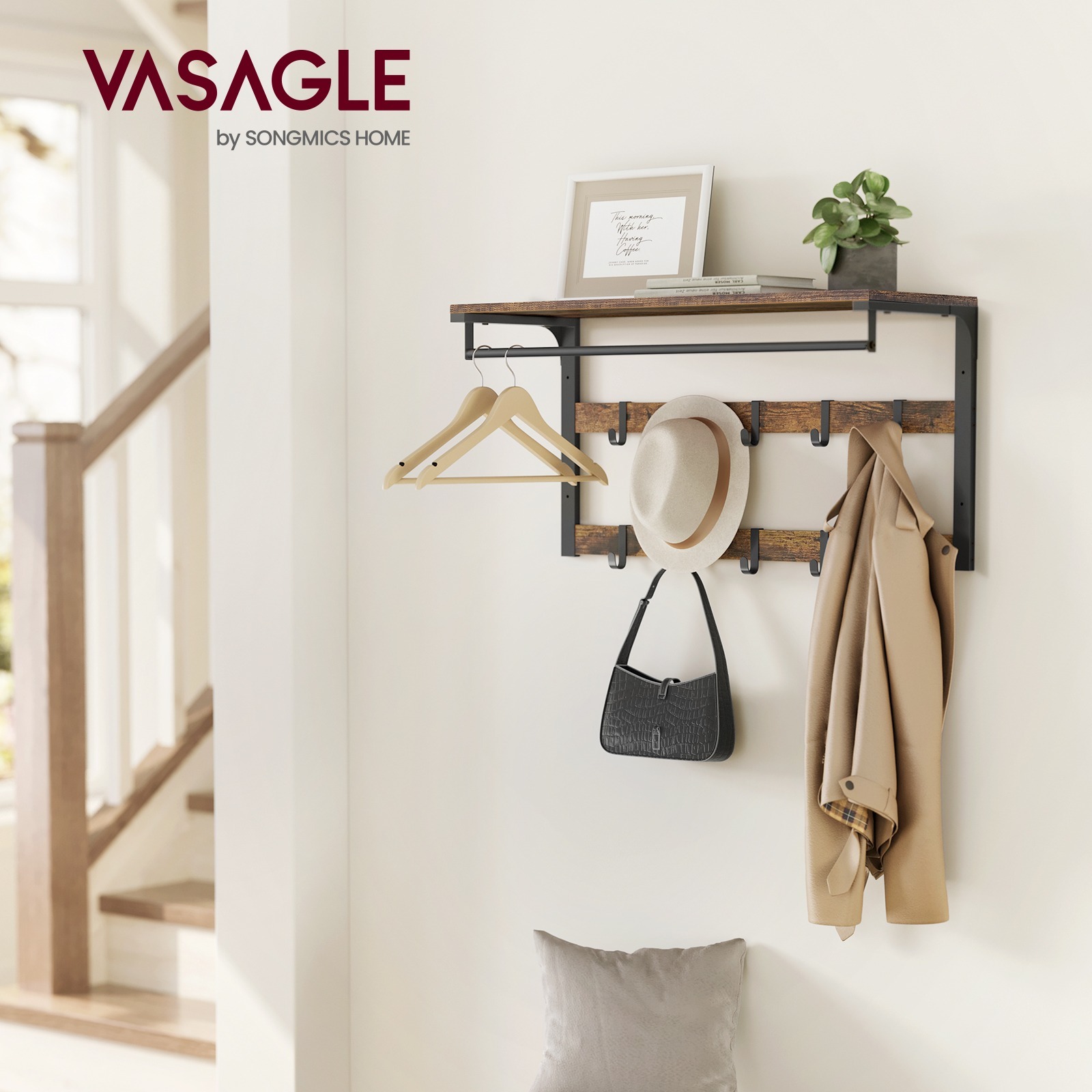 

Vasagle Rack, With Shelf, Wall Shelf With 10 Removable Hooks, Hanging Rack, Wall Mounted, 2 Coat Rods, Clothes Rail, For Hallway, Bedroom, Bathroom