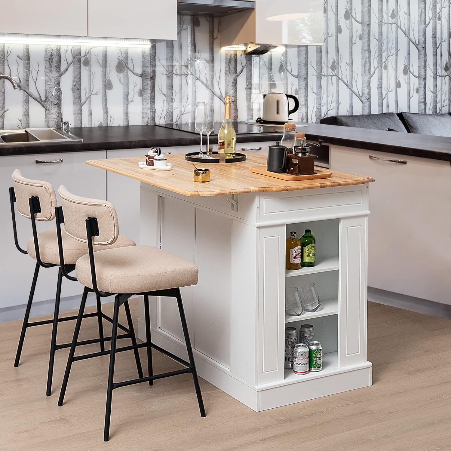 Kitchen Island With Pull-out Worktop, Kitchen Cabinet With Drawers, Side Shelves And 2 Storage Compartments, Wood, 120 X 91 X 92 Cm (white)