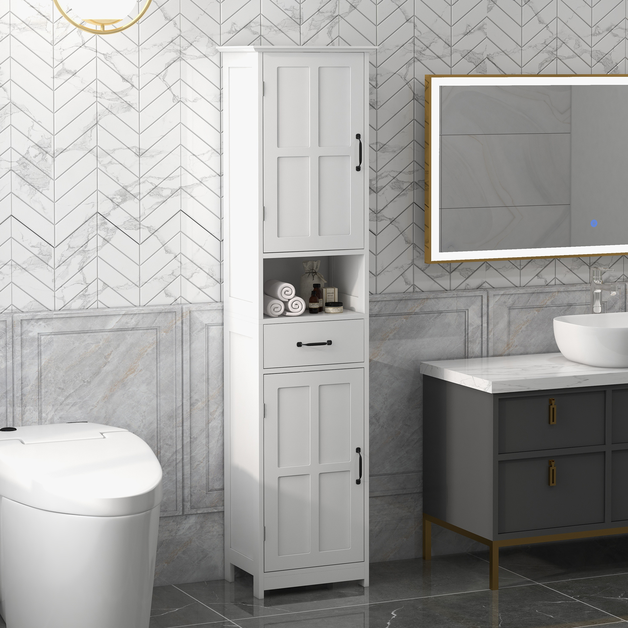 Bathroom Column Cabinet With 2 Doors 1 Drawer Open Shelf And Adjustable Anti-tip Shelves 40x30x164 Cm White