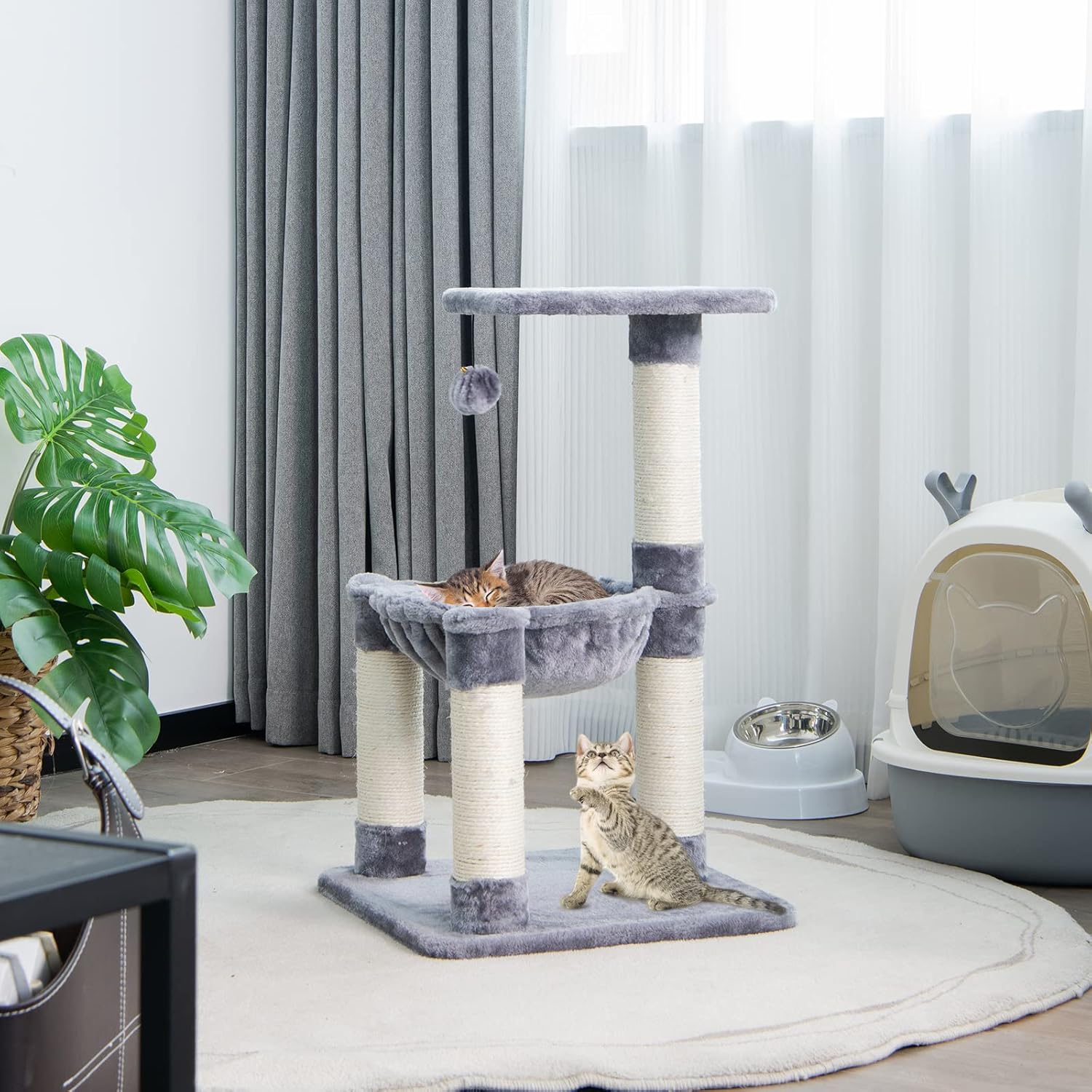 Cat Scratching Tree, Height 64 Cm, Cat Climbing Tower With Hammock, Sisal Covered Scratching Trees, Large Platform, Toy Ball, Cat Climbing Tree (grey)
