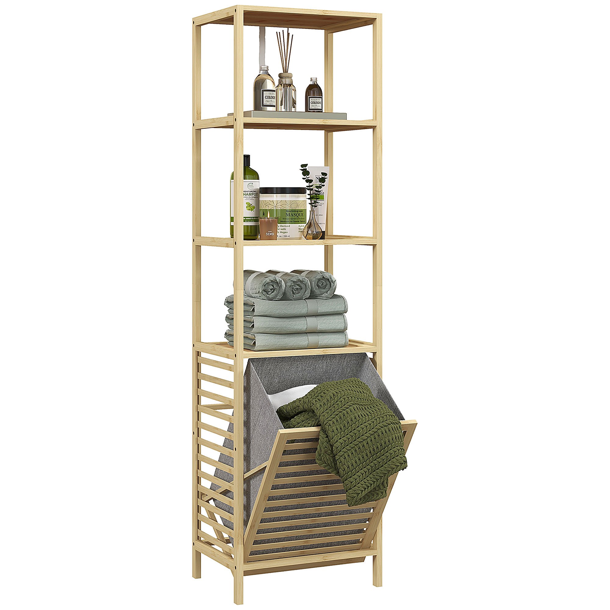 TEMU HOMCOM Estanteria de Baño de Bambu Estanteria de Almacenaje Mueble de Baño Estantes y 1 Cesto para Ropa Sucia Desmontable 44x33x160 cm Natural