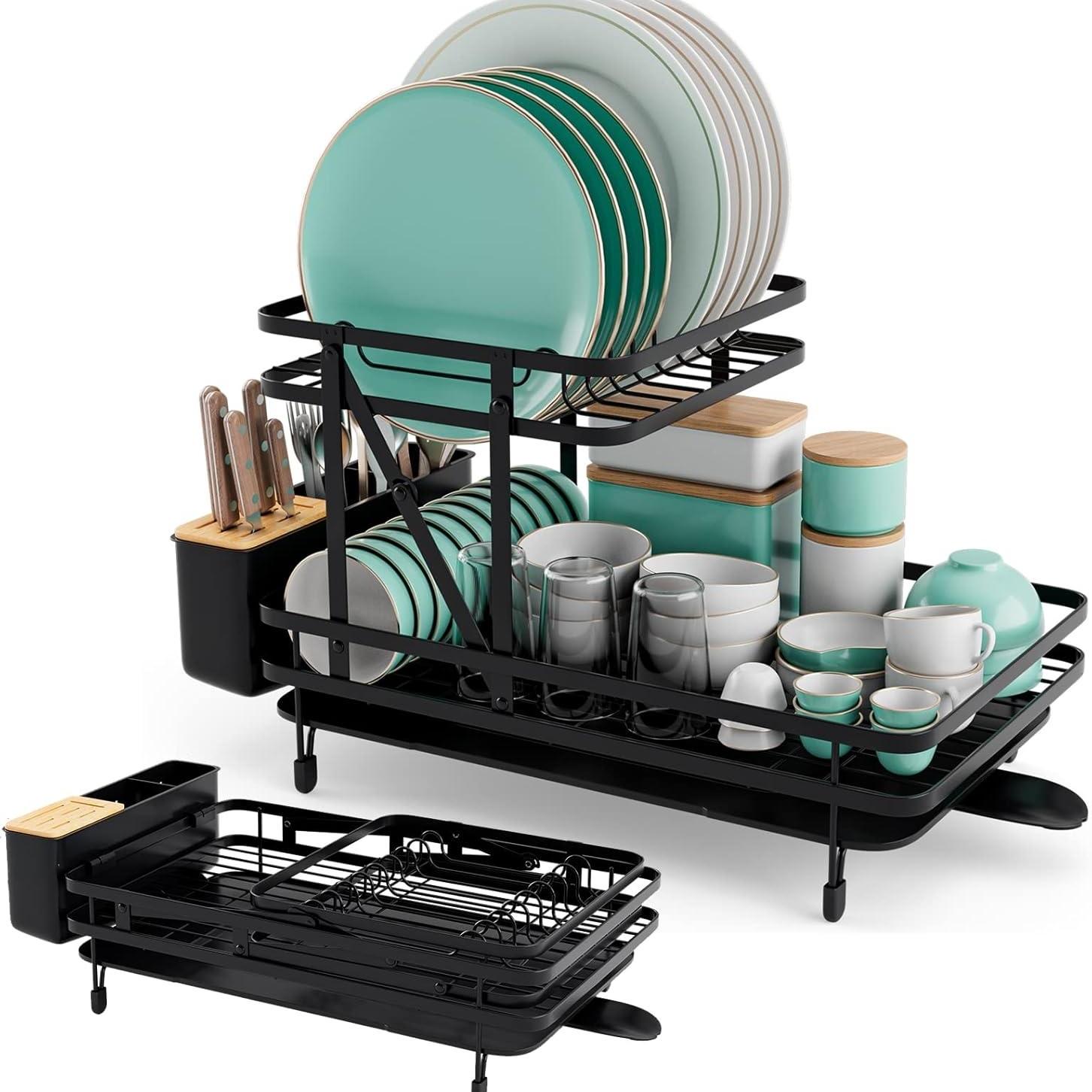 2-tier Drainer Stand, Metal Dish Rack, Expandable & 360 Rotatable & Foldable, Dish Drainer With Utensil Holder, Drainer Set For Kitchen Counter, Black