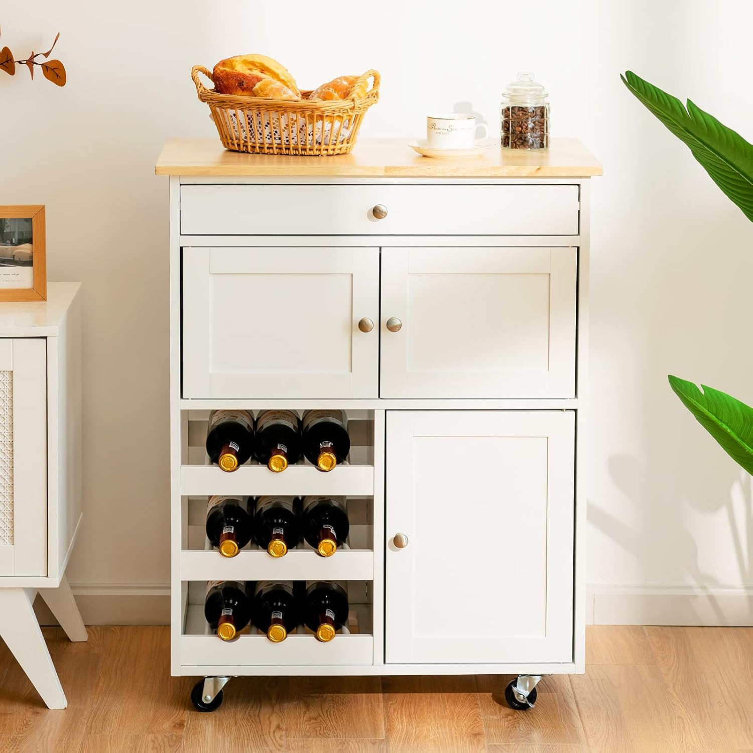 Kitchen Trolley, Kitchen Island With Rubberized Wooden Worktop, Drawer, 3-tier Storage Shelf, 2 Cabinets, Swivel Trolley, Ideal For Bar (white)
