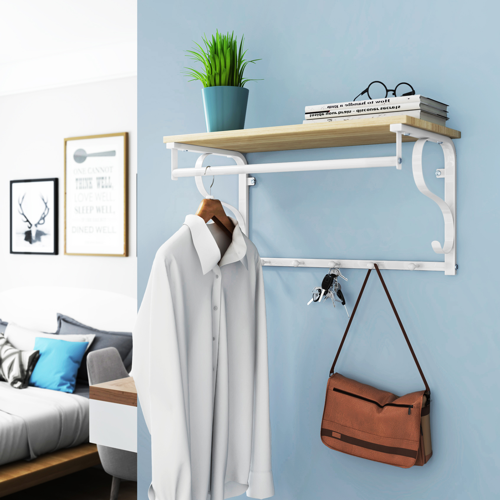 

Vasagle Rack, Wall Shelf With 5 Hooks And Shelf, In , Hook Rail With Hanging Rod, For Hallway, Bedroom, Bathroom And Living Room