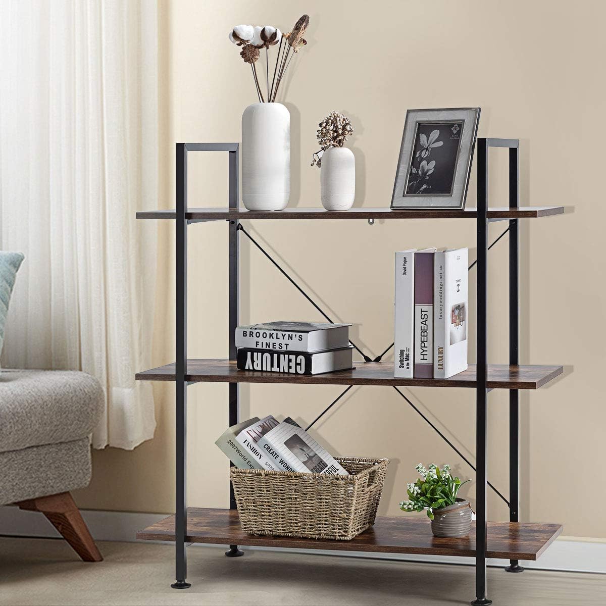 Image of 3-tier Bookshelf, Freestanding Wooden Bookcase For Display, Industrial Office Shelving Unit With Metal Frame, Room Divider For Living Room, Bedroom, 90 X 36 Cm