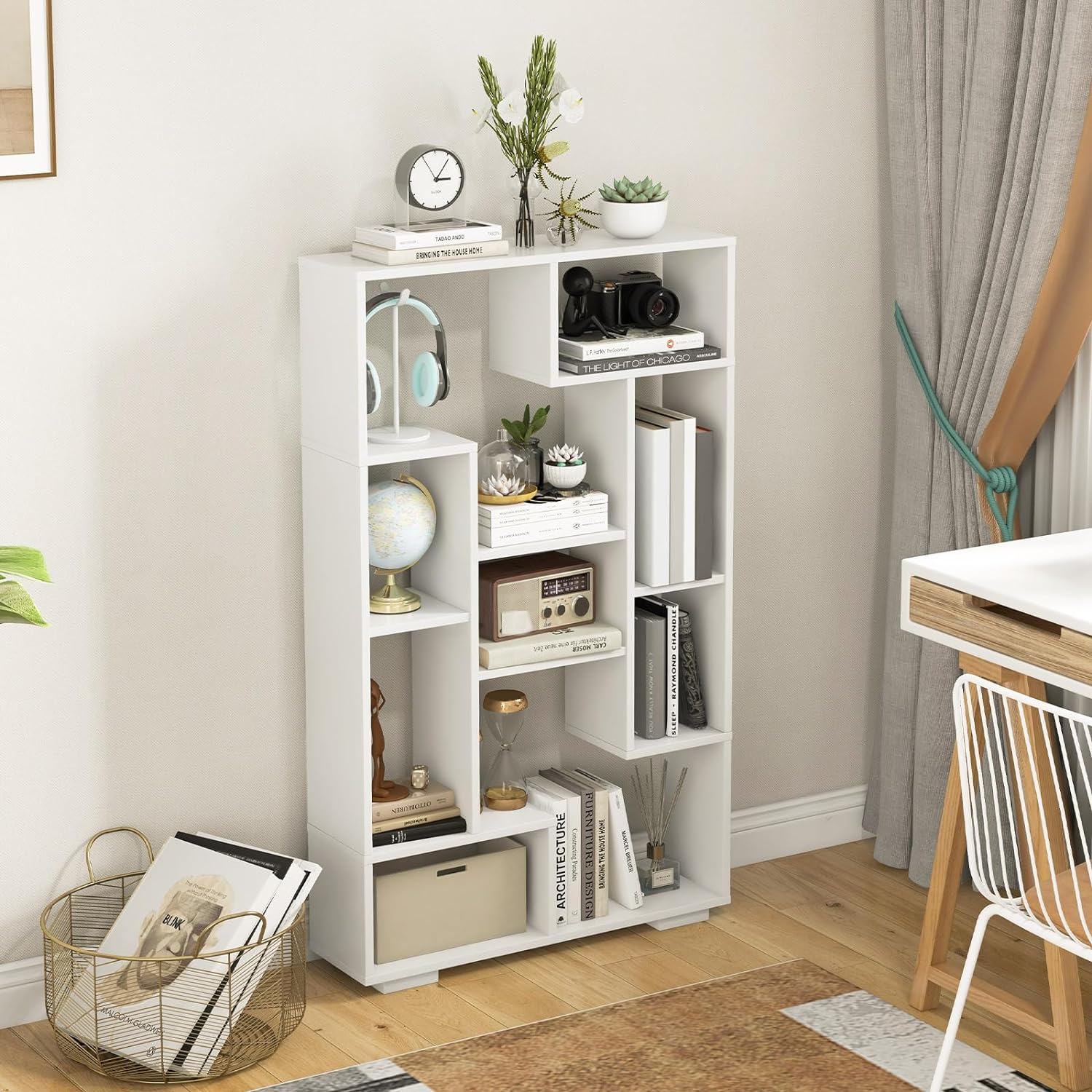 120 Cm High Bookshelf, Modern Geometric Shelving Unit With Open Shelves, Freestanding Display Shelf White
