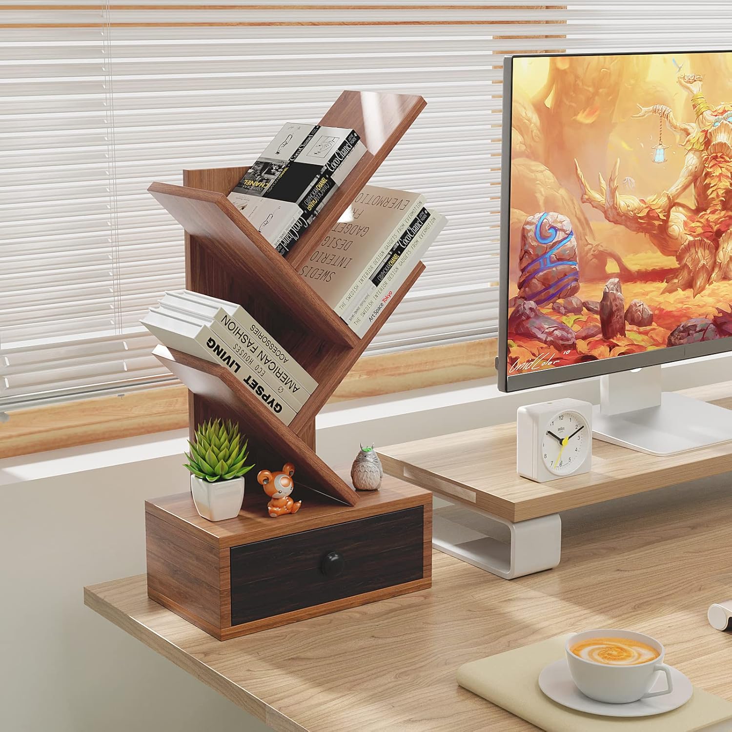 Image of 5-tier Bookcase With Drawer, Tree-shaped Standing Shelf, Free-standing File Shelf Storage Shelf Wood For Bedroom Living Room, 30 X 17.5 X 60 Cm (brown), Book Shelf