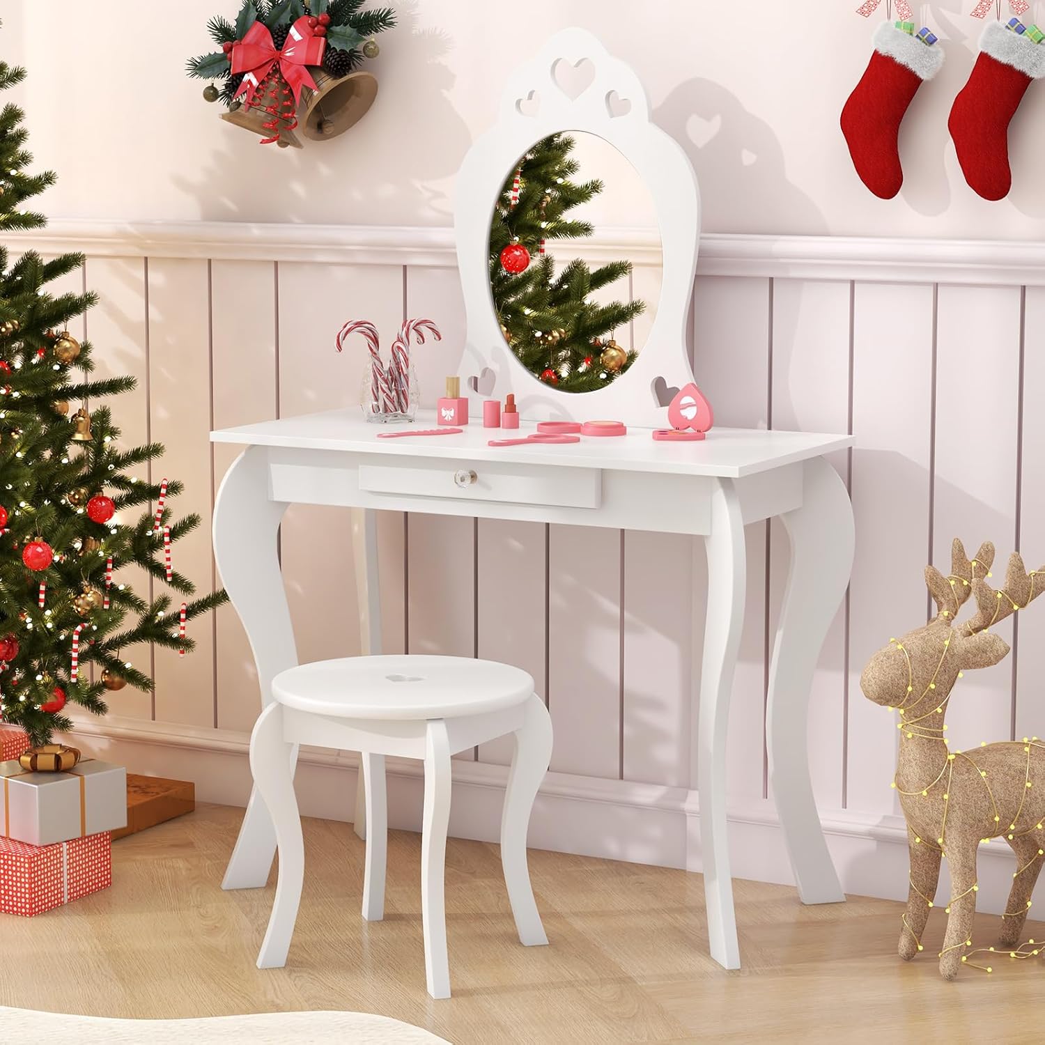 Image of Kids Makeup Vanity Table With Stool And Detachable Mirror, Wooden Dressing Table With Accessories, Cosmetic Desk For Girls With Drawer, 70x34x105cm, White