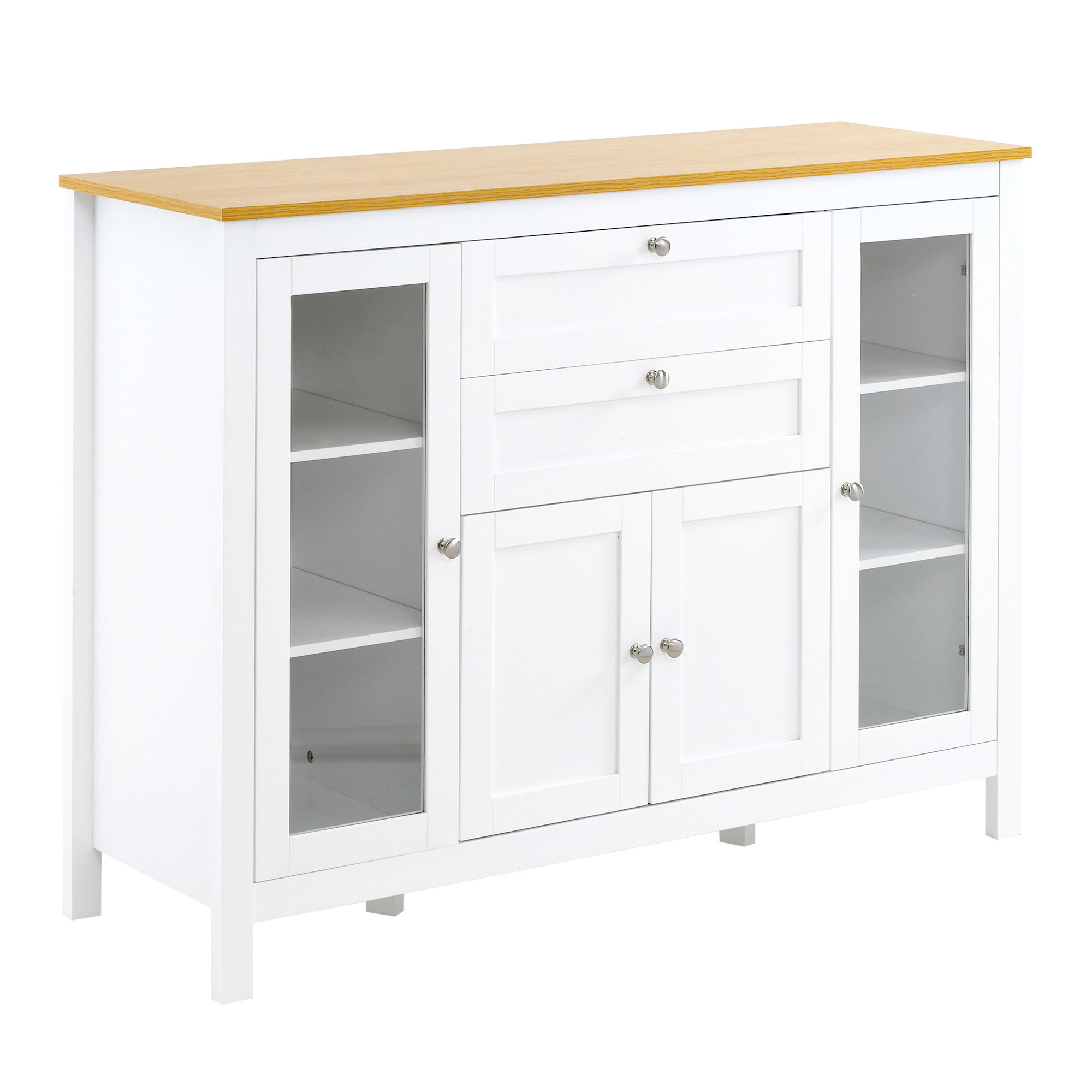 TEMU HOMCOM Aparador de Cocina con Armario 2 Cajones de Vidrio y Estantes Ajustables Muebles Auxiliar de Almacenaje para Comedor Salon 120x40x90 cm