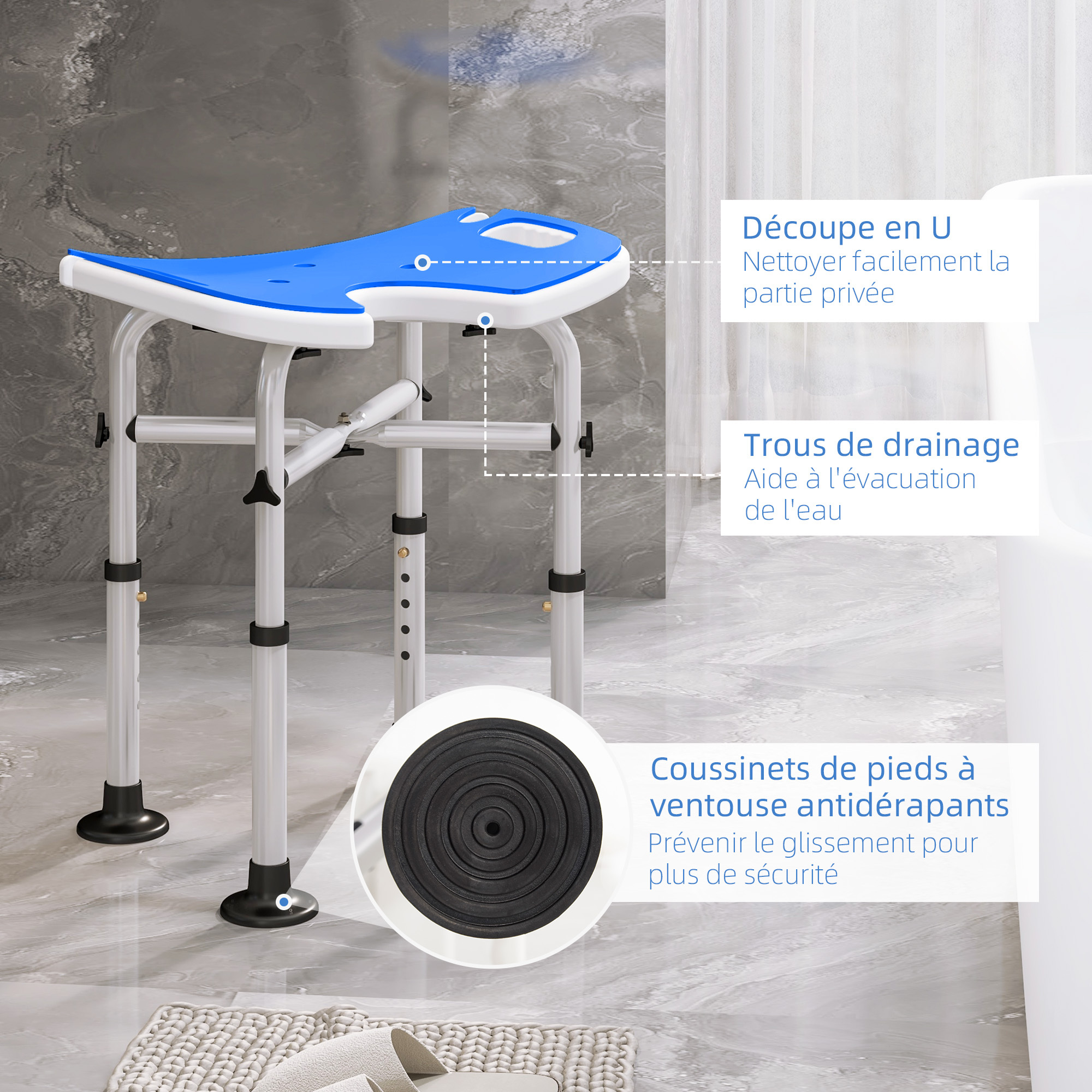 TEMU HOMCOM Tabouret de douche, siège de douche, hauteur ajustable 39-51, 5 cm, barre d'appui à ventouse, grands patins à ventouse, pour seniors,