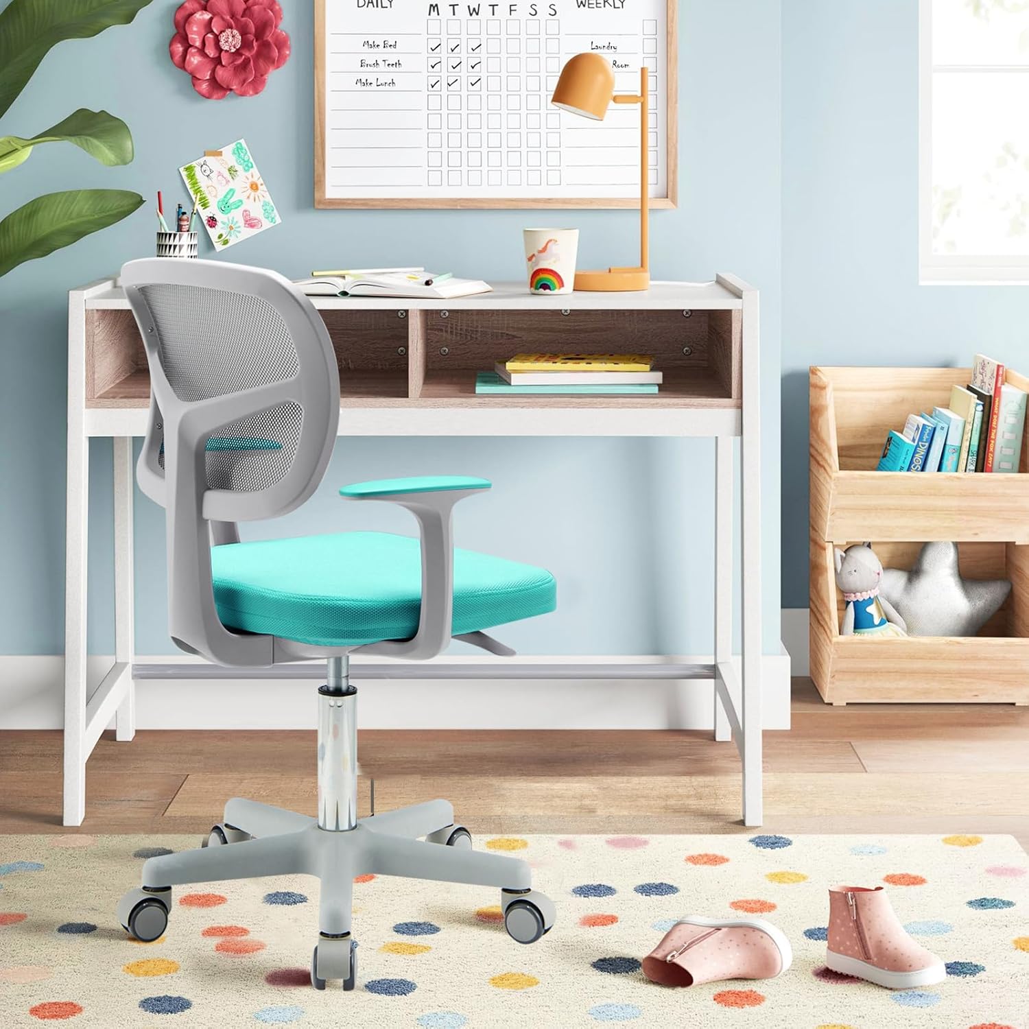 Image of 360° Rotatable Children's Desk Chair, 80-91.5 Cm Height-adjustable Youth Chair With Backrest And Armrests, Computer Chair With 5 Lockable Wheels For Children From 3 Years Old, Turquoise.