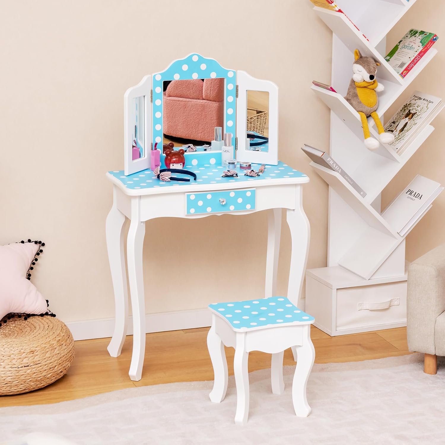 Kids Makeup Table With Stool, Princess-style Dot Blue Vanity
