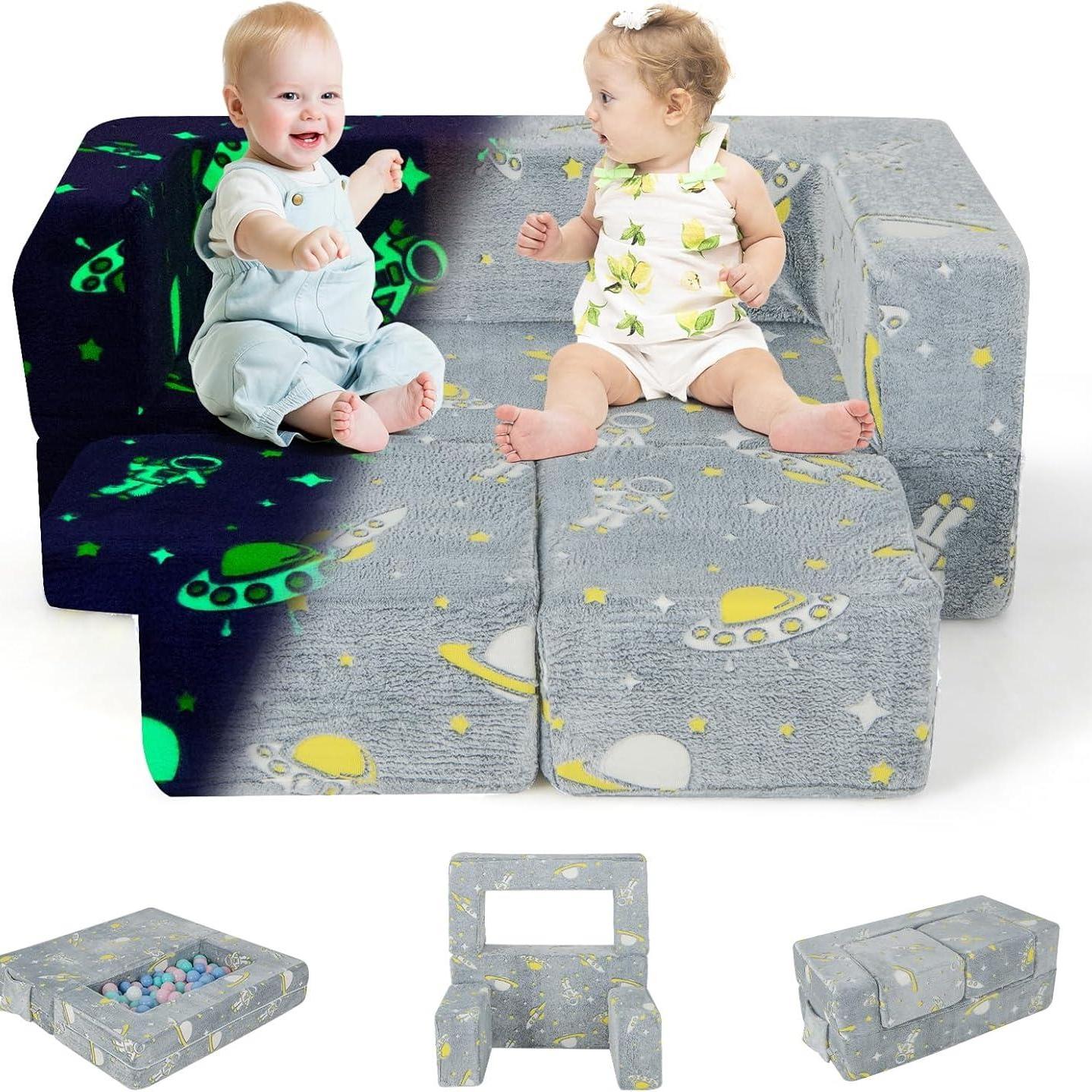 4 IN 1   Armchair with 2 Ottomans, Foldable   Sofa That   in The Dark with Removable Cover And Side Pockets, Velvet   Couch Baby Sofa for Children from 3 Years Old