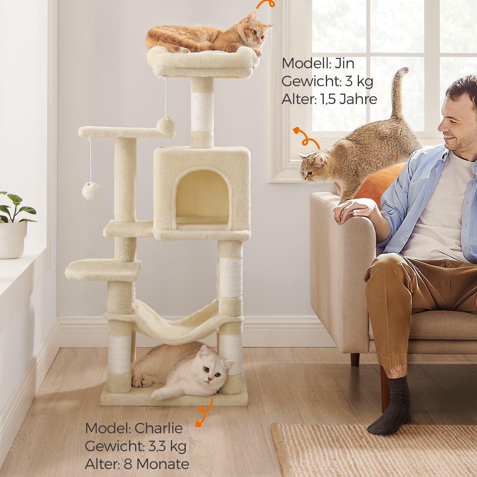 

Feandrea Scratching Post, 112 Cm High, Cat Tree, Multi-storey Cat House, With 4 Scratching Posts, 2 Platforms, , Cave