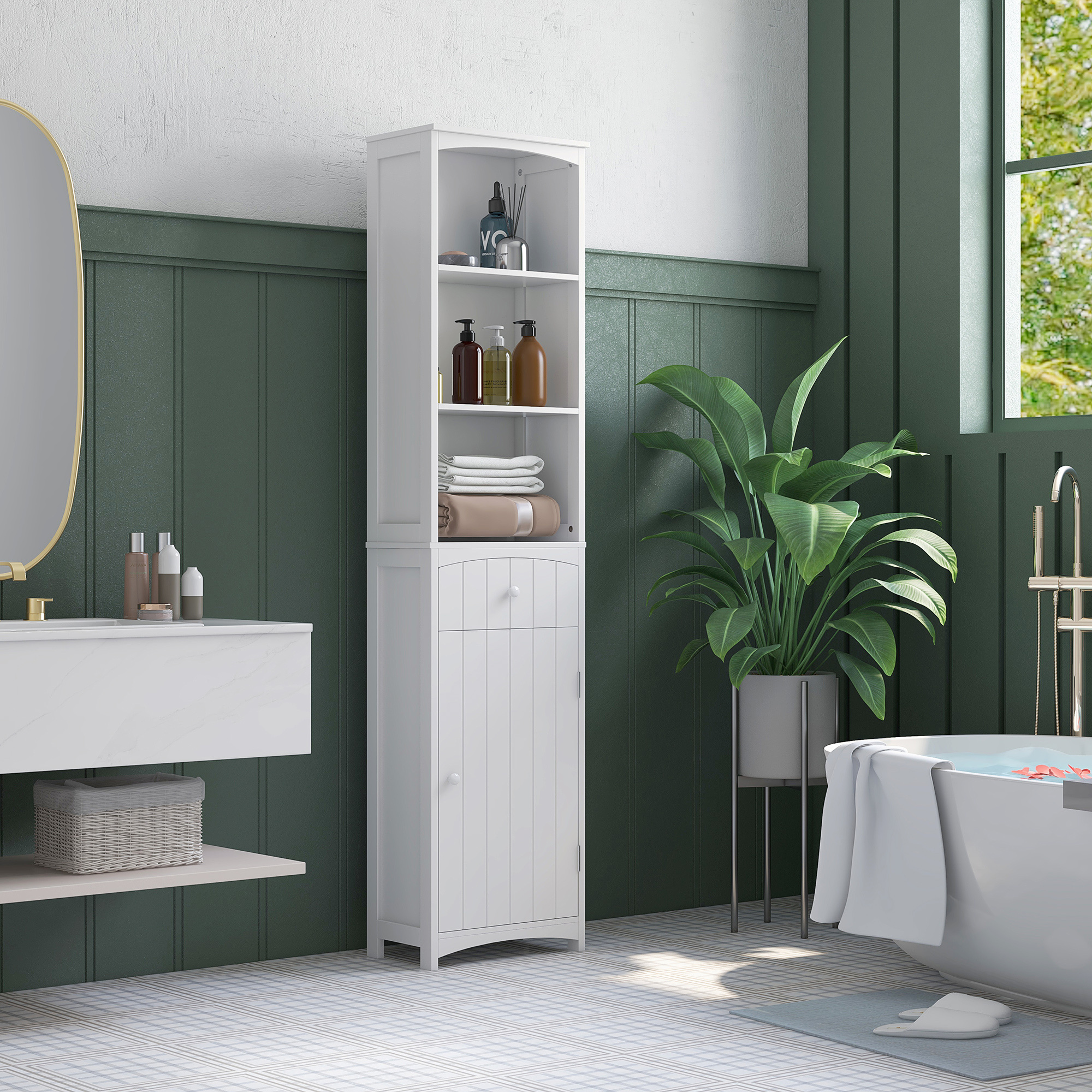 TEMU Mueble Armario Columna Multiusos para Cuarto de Baño con Estanterias 34x24x170cm 3 Estantes 1 Puerta y 1 Cajon