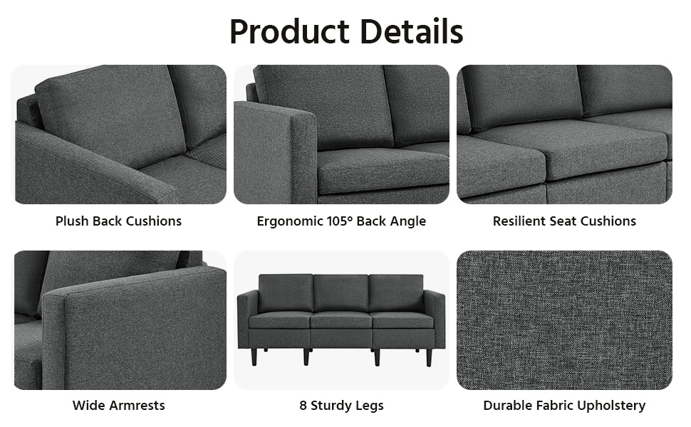 Costoffs Sofa Bed, 3-Seater Sofa Couch, 189cm W Modern Fabric Upholstered Sofa Couch for Living Room/Bedroom/Office/Apartment/Guest Room/Lounge, Dark Grey/Light Grey/Black