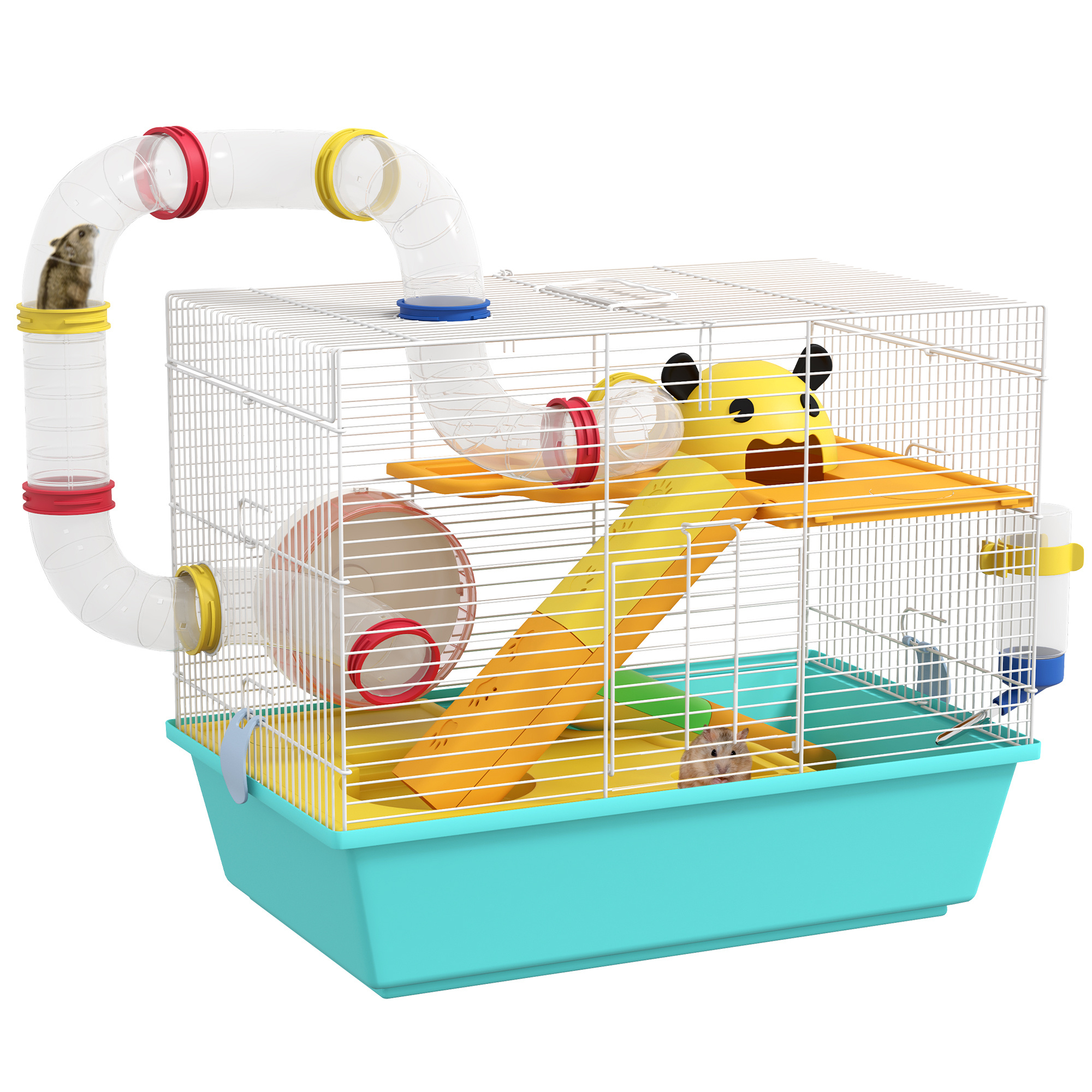 Image of Pawhut Hamster Cage Small Animal House With Tunnel Platforms Bowl Water Dispenser House Ramps And Exercise Wheel 45x28x37 Blue
