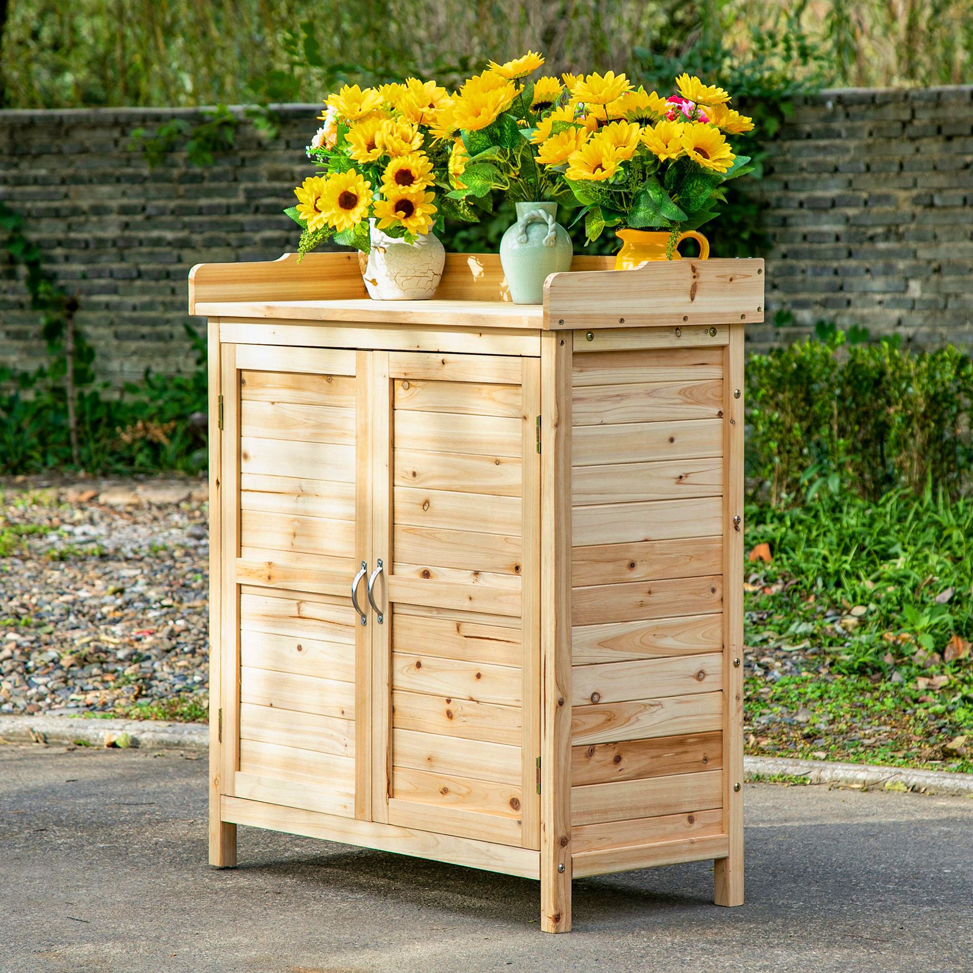 TEMU Outsunny Armario de Jardin de Madera Cobertizo Exterior Cobertizo para Almacenaje con Estante y Patas Elevadas para Patio 83x40x92 cm Natural