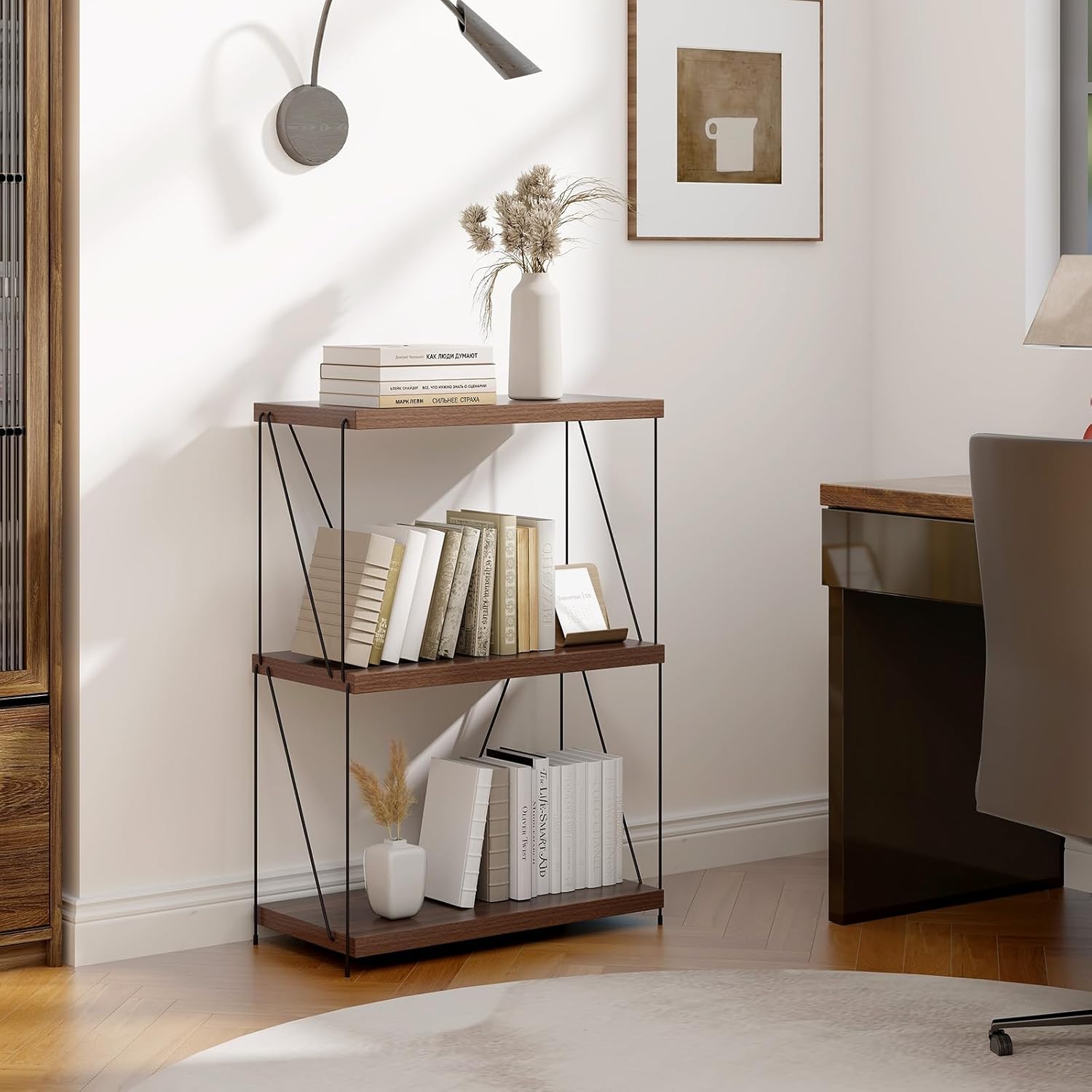 Freestanding Bookshelf, Metal Frame Bookcase, Industrial Storage Shelf, Walnut Storage Rack For Bedroom, Living Room, Home Office 3 Tiers, 61 X X 85.5 Cm