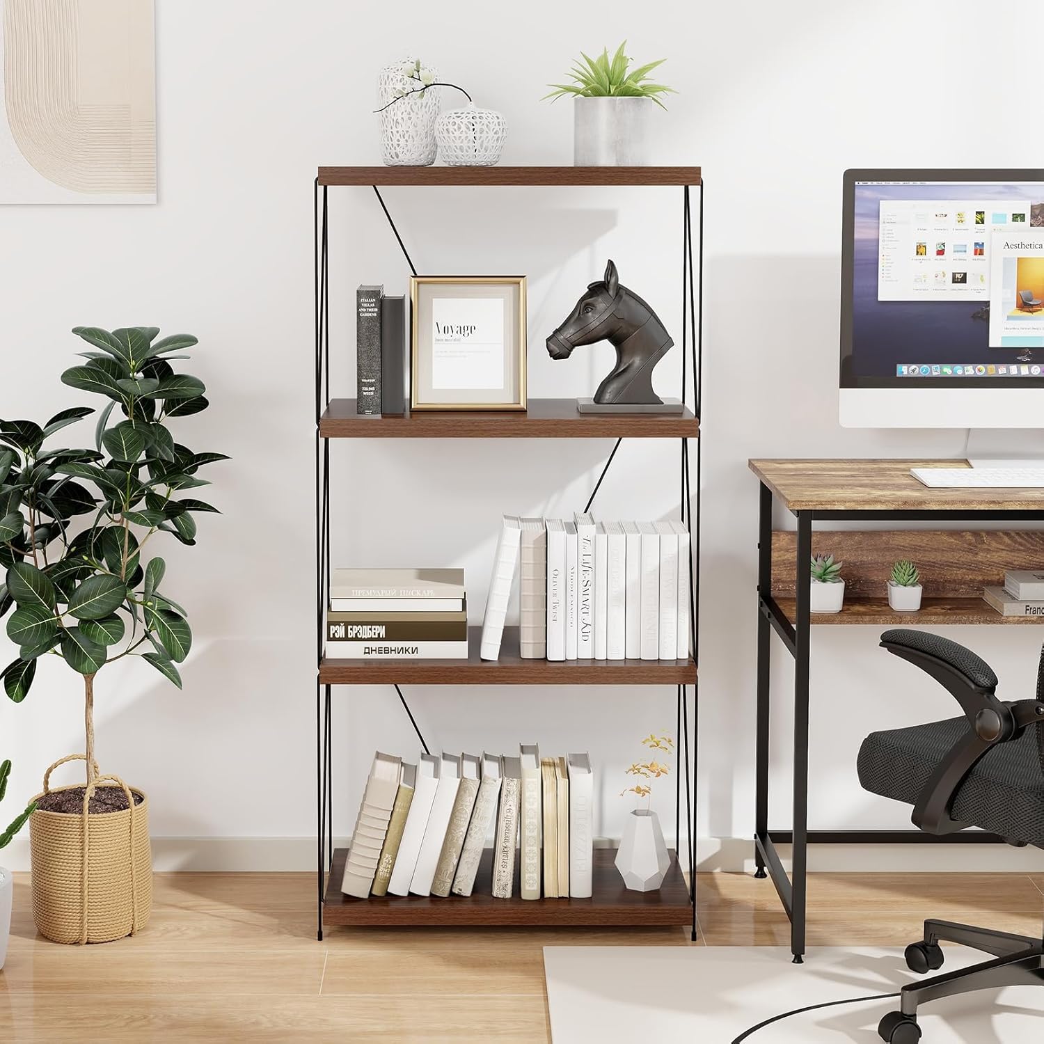 Image of Free-standing Bookcase, Bookcase With Metal Frame, Industrial Storage Shelf, Walnut Storage Shelf For Bedroom, Living Room, Home Office , 61 X X 105 Cm