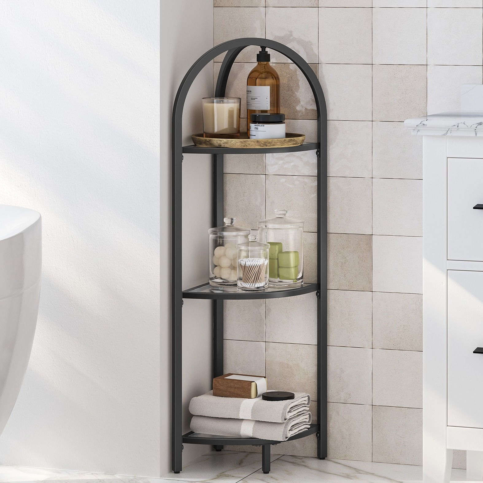 3-tier Corner Shelf, Bookshelf, Bathroom Organizer, Plant Stand, Bookshelf Decorations, , Space-, Stable Steel And Tempered Glass, Anti-tip Device Included