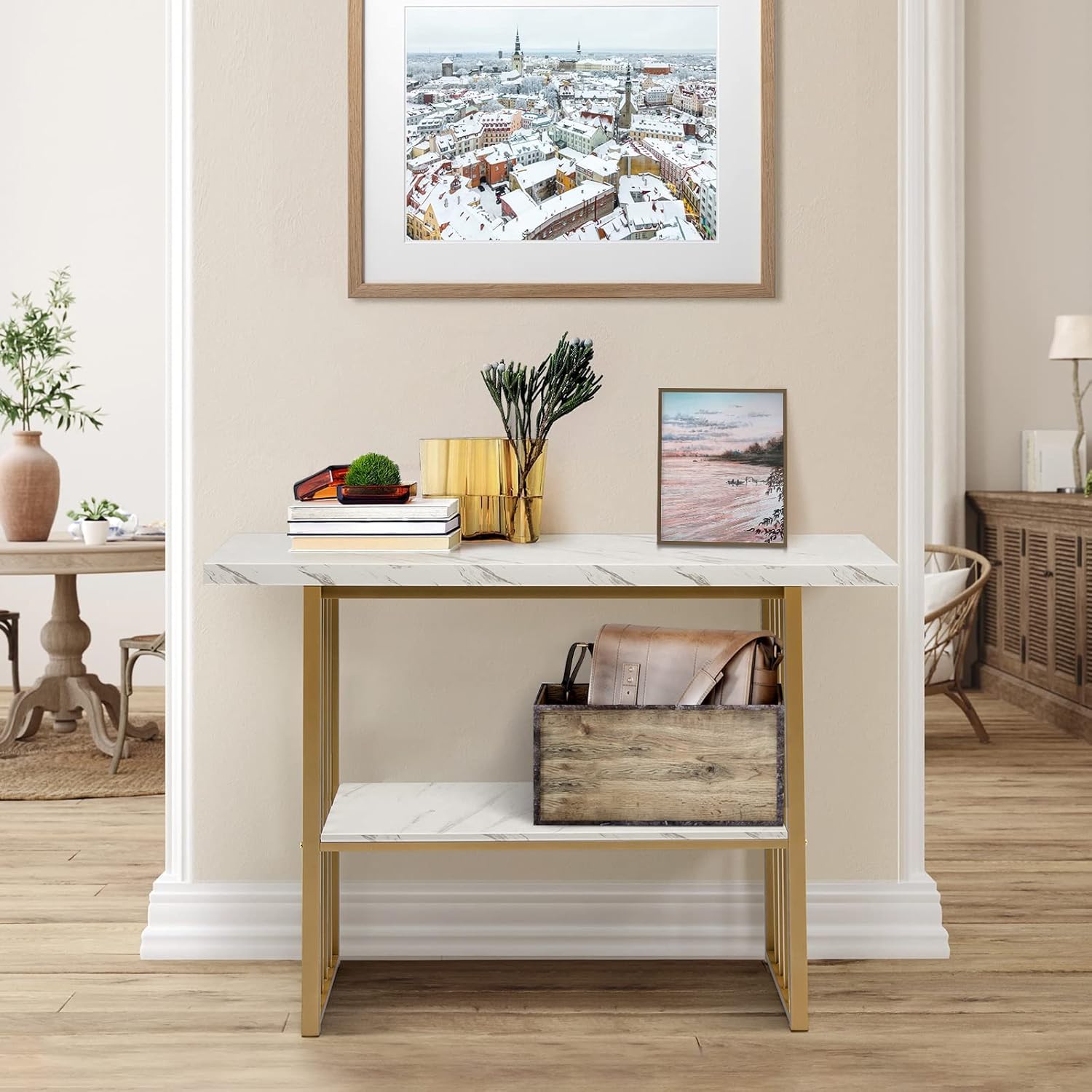 2-tier Console Table, 120 Cm White Artificial Marble Console Table With Open Shelf, Modern Entryway Table, Narrow Hall Console Table For Living Room, Hallway, Foyer