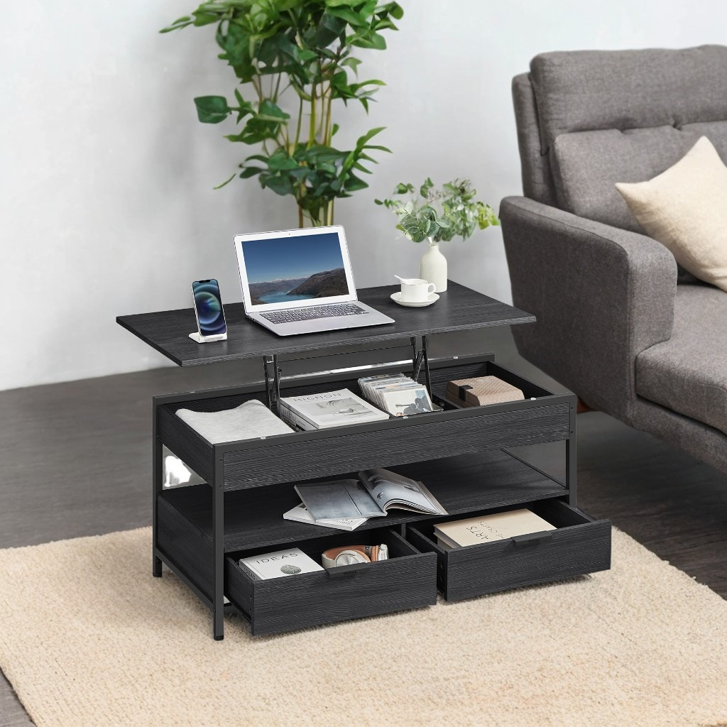 

Vasagle Coffee Table With Lift-, Living Room Coffee Table, With Storage Drawers, Hidden Compartments And Open Shelf, Grey And