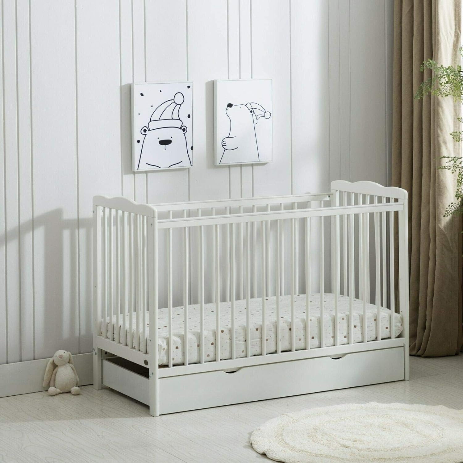TEMU Brooklyn Baby Cot Crib With Mattress & Wheeled Drawer & Safety Wooden Barrier - 125 X 85 Cm