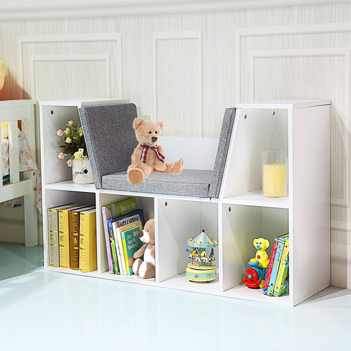 Image of Kids' Bookcase With Cushion, 6-section Wooden Shelf With Back Panel, Storage Cube Shelf Bookcase For Kids' Room Or Bedroom, 103 X 30 X 63cm, White