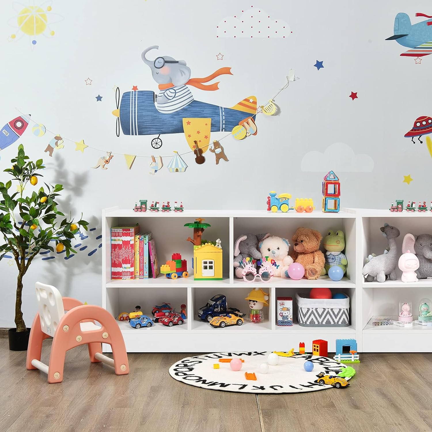 Image of 's Wooden Toy Cabinet With 2 Large Compartments And 3 Small Compartments, Open, For Toys, Dolls And Books, 111 X 30 X 61.5cm, White