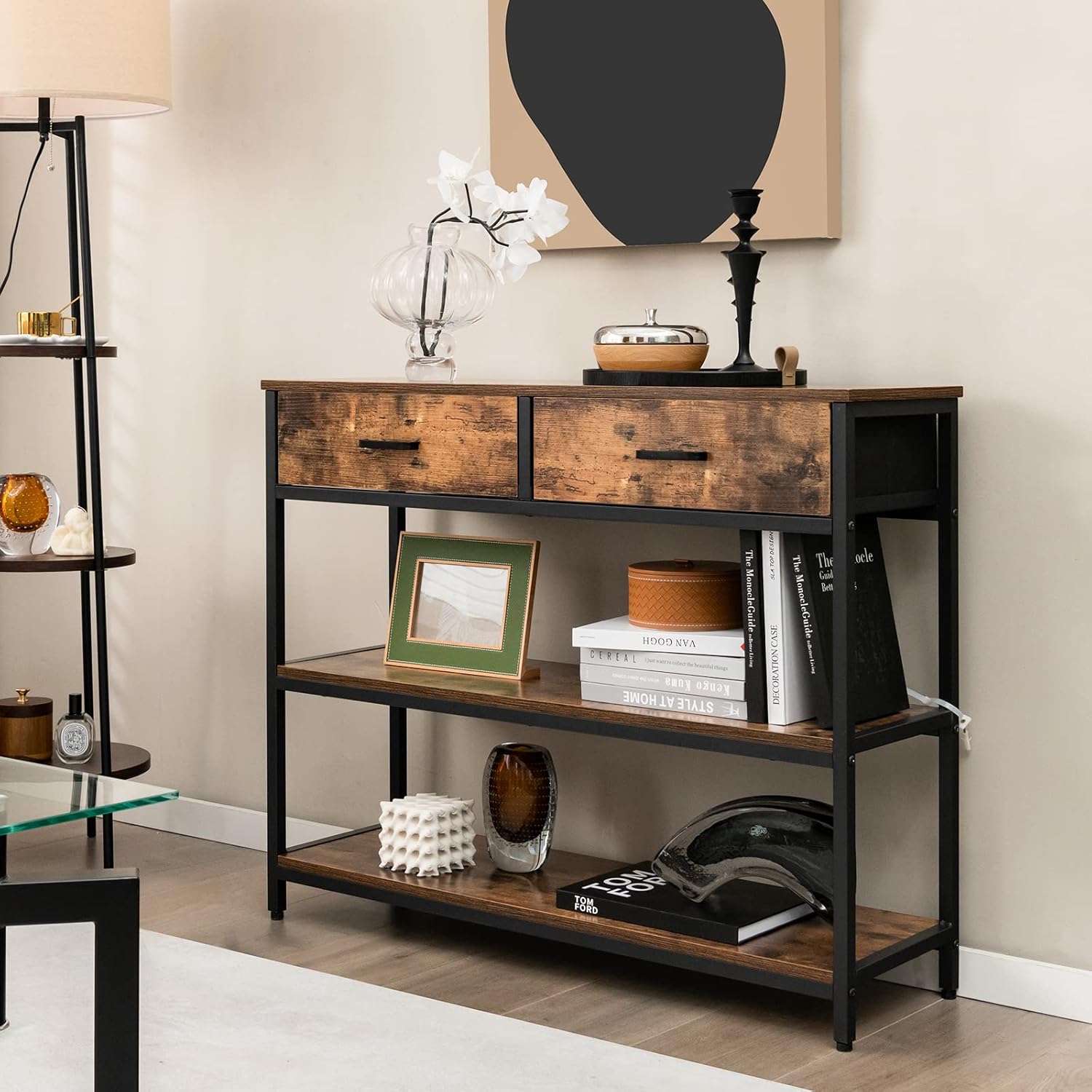 100 Cm Console Table, Side Table With 2 Folding Drawers And Shelves, Metal Sofa Side Table And 2 Anti-tip Sets, Side Table For Living Room And Entrance Area
