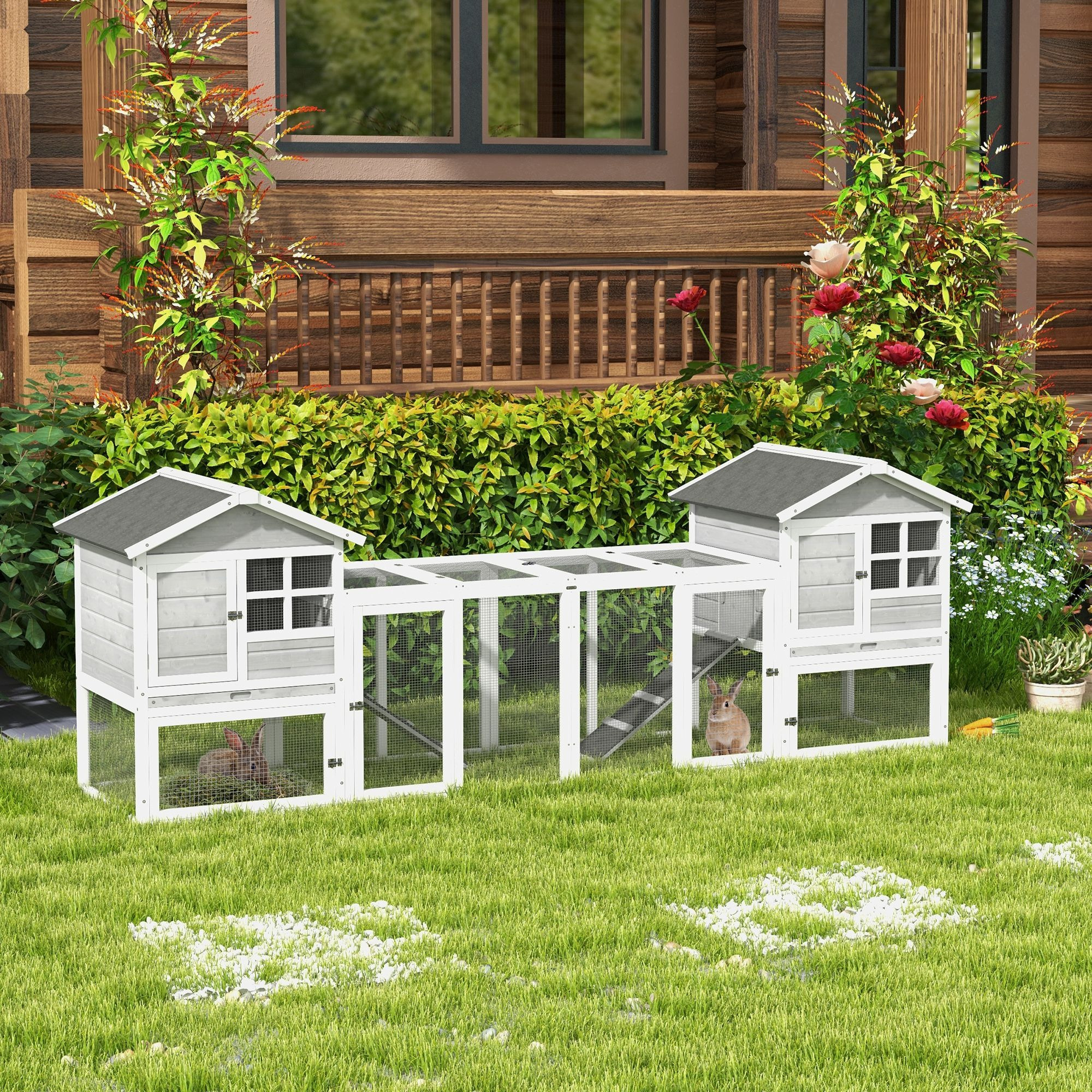 Rabbit Hutch 2 Floors Wooden Rabbit Hutch 259 X 92 Cm Rabbit Cage With Roof, Outdoor Run, Ramp, Lockable Doors, Rabbit Cage For Rabbits, Guinea Pigs Outdoor Grey.