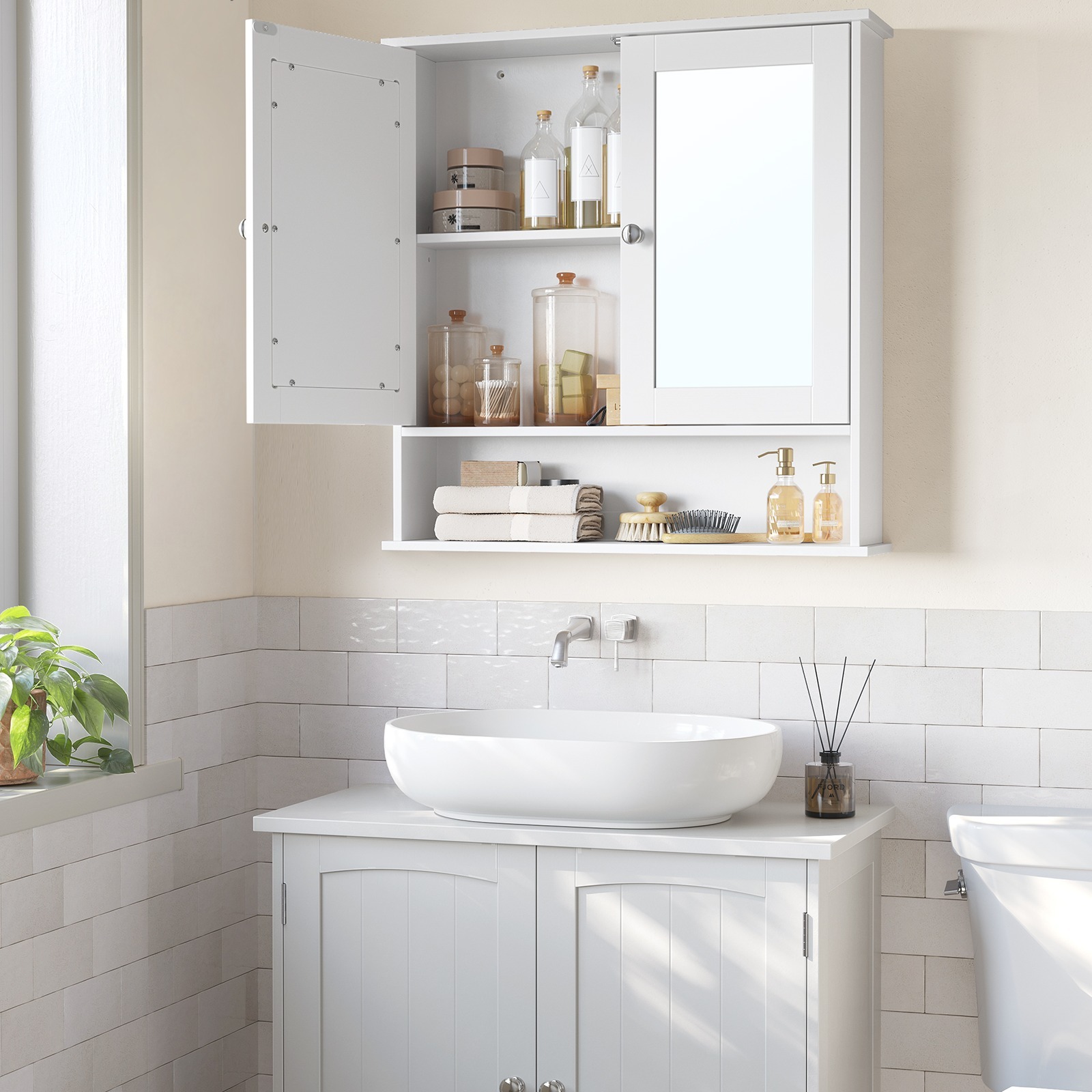 TEMU Mirror Cabinet, Bathroom Cabinet, Wall Cabinet, Hanging Cabinet With 2 Mirror Doors And Open Compartment, Adjustable Shelf, Wall Mount, 15 X 75 Cm