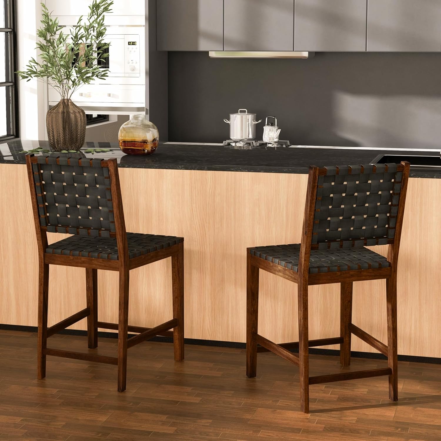 Image of Dining Chairs 2pcs Set, Wooden Chair With Woven Backrest, Kitchen Chairs Loadable Up To 150 Kg, Bistro Chair For Tables From 88-99cm Height, Black