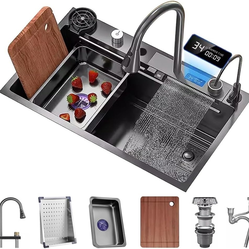 

Stainless Steel Kitchen Sink, 30" Smart Waterfall Kitchen Sink And Multifunctional Faucet, Modern Kitchen Sink With Accessories