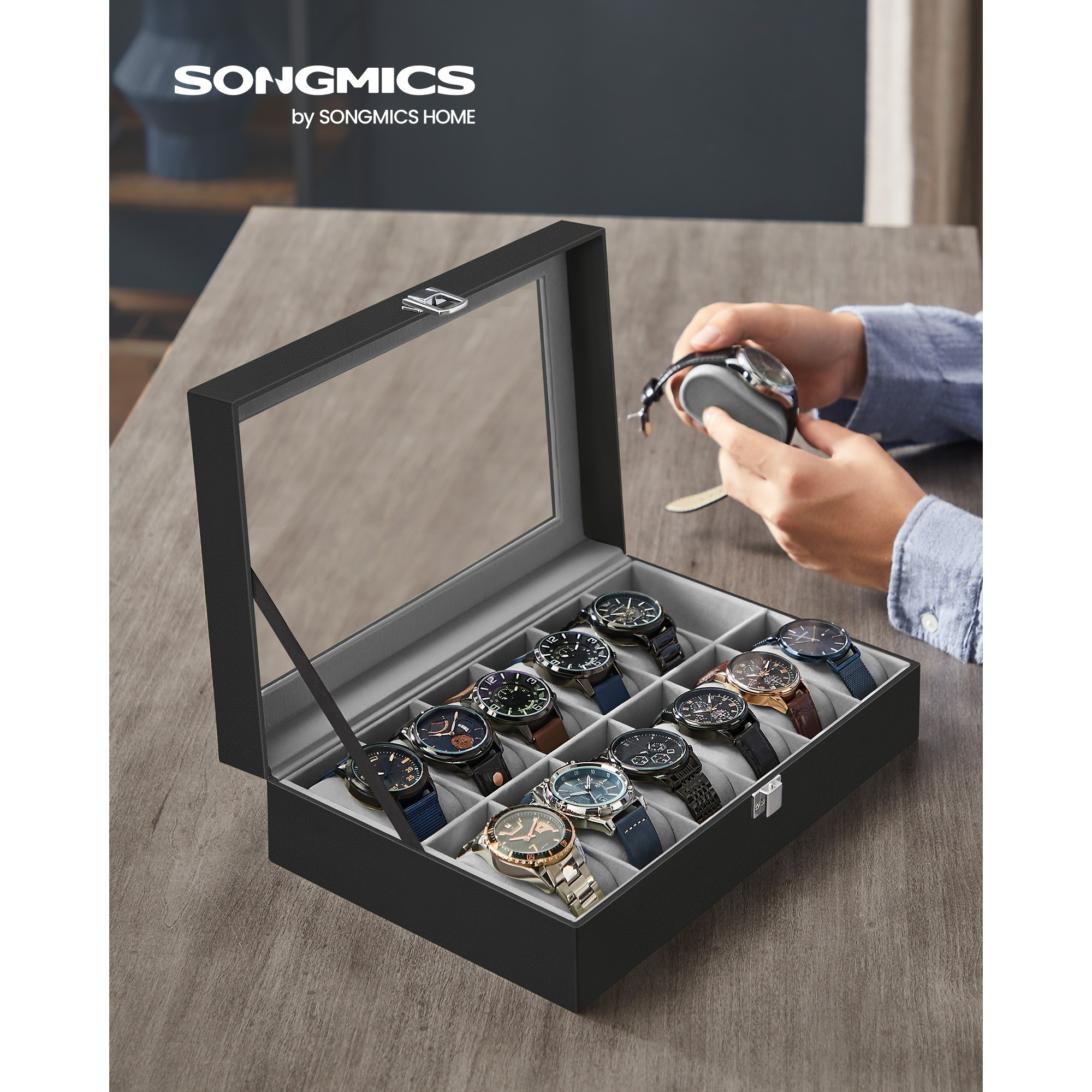 

Songmics Watch Box With 12 Compartments, Watch Case With Glass Lid, Watch Case With Removable Watch Cushions, Metal Clasp, Gift Idea, Pu Cover In Black, Velvet In Black