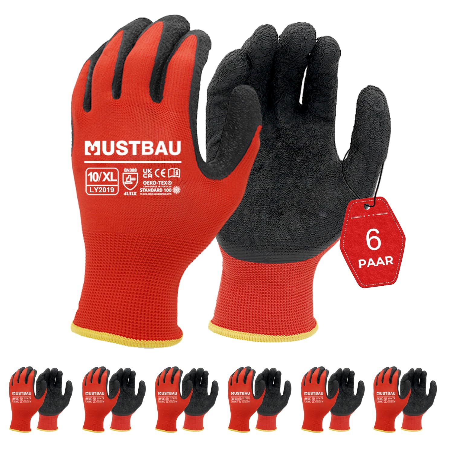 

6 Pairs Work Gloves En388 And Polyester Coated, Abrasion Resistant And Breathable Seamless Knitted Gloves Ideal For Gardening, Mechanics, Construction Sites (red,xl)