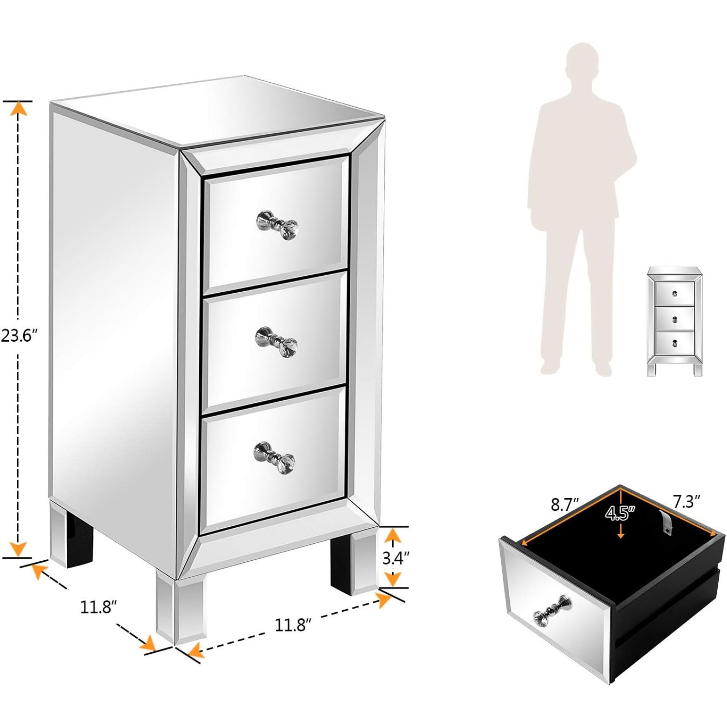   3 drawer mirrored bedside tables for bedroom living room silver 11 7 l x 11 8 w   5 h details 1