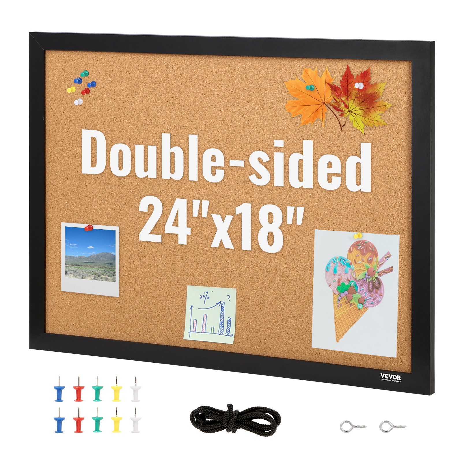 Image of Vevor Cork Board, 24 X 18 Inches, Double-sided Bulletin Board With Mdf Sticker Frame, Vision Board Includes 10 Pushpins, For Display And Decoration In Office Home And School